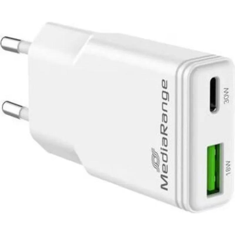 Caricatore MediaRange 30W GaN USB-C e USB-A 2 Porte Bianco - immagine 1