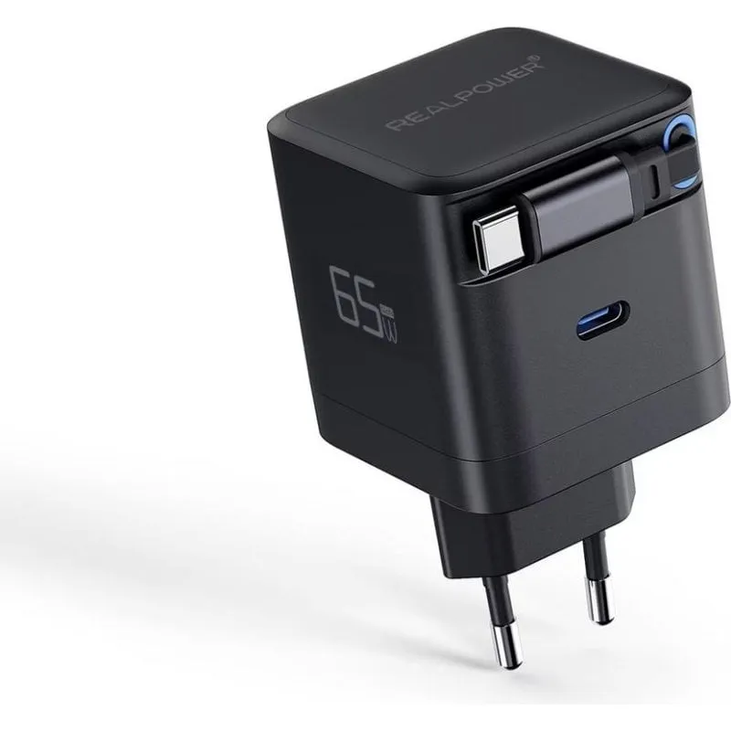Caricatore USB-C 65W RealPower GaN 2 Porte Nero - immagine 1