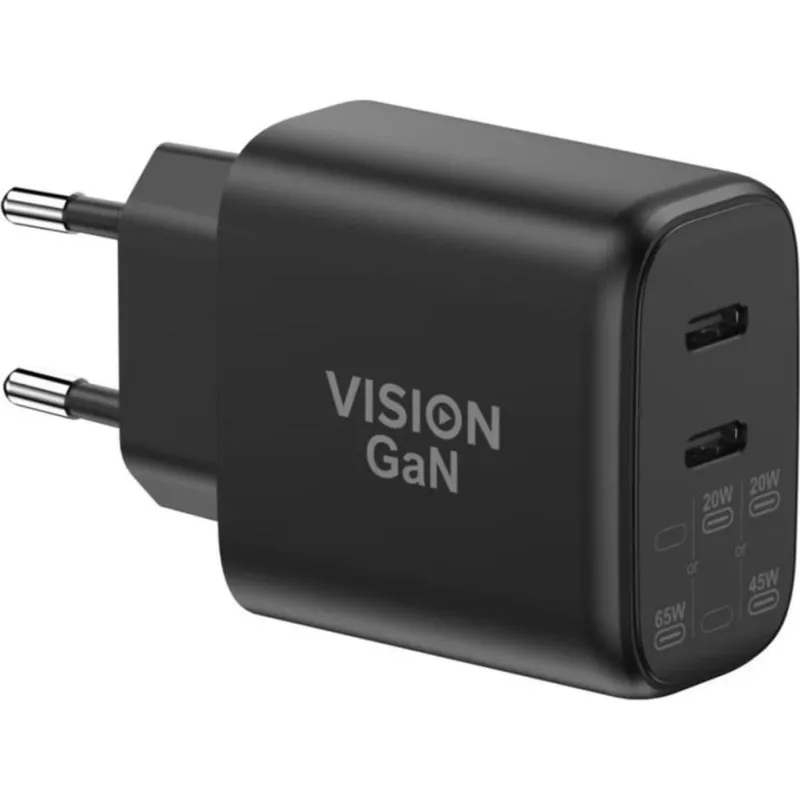 Caricatore USB-C Vision 65W 2 Porte Nero - immagine 1