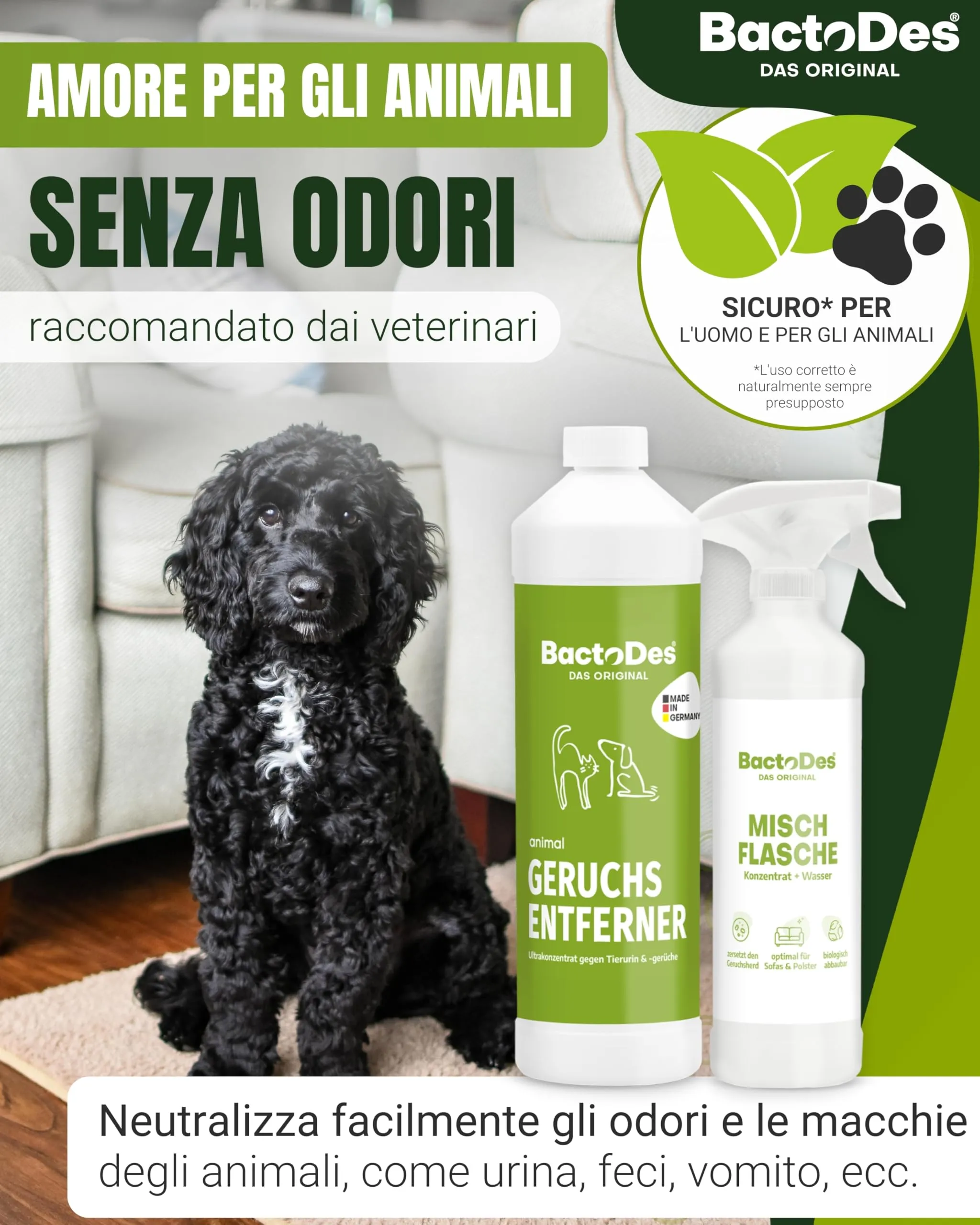 BactoDes Animal Ready Geruchsneutralisierer Spray 1L I Gebrauchsfertiger Enzymreiniger mit biologischer Mikrobenkraft I Tiefenwirksamer Geruchsentferner gegen Tierurin & starke Gerüche - immagine 2