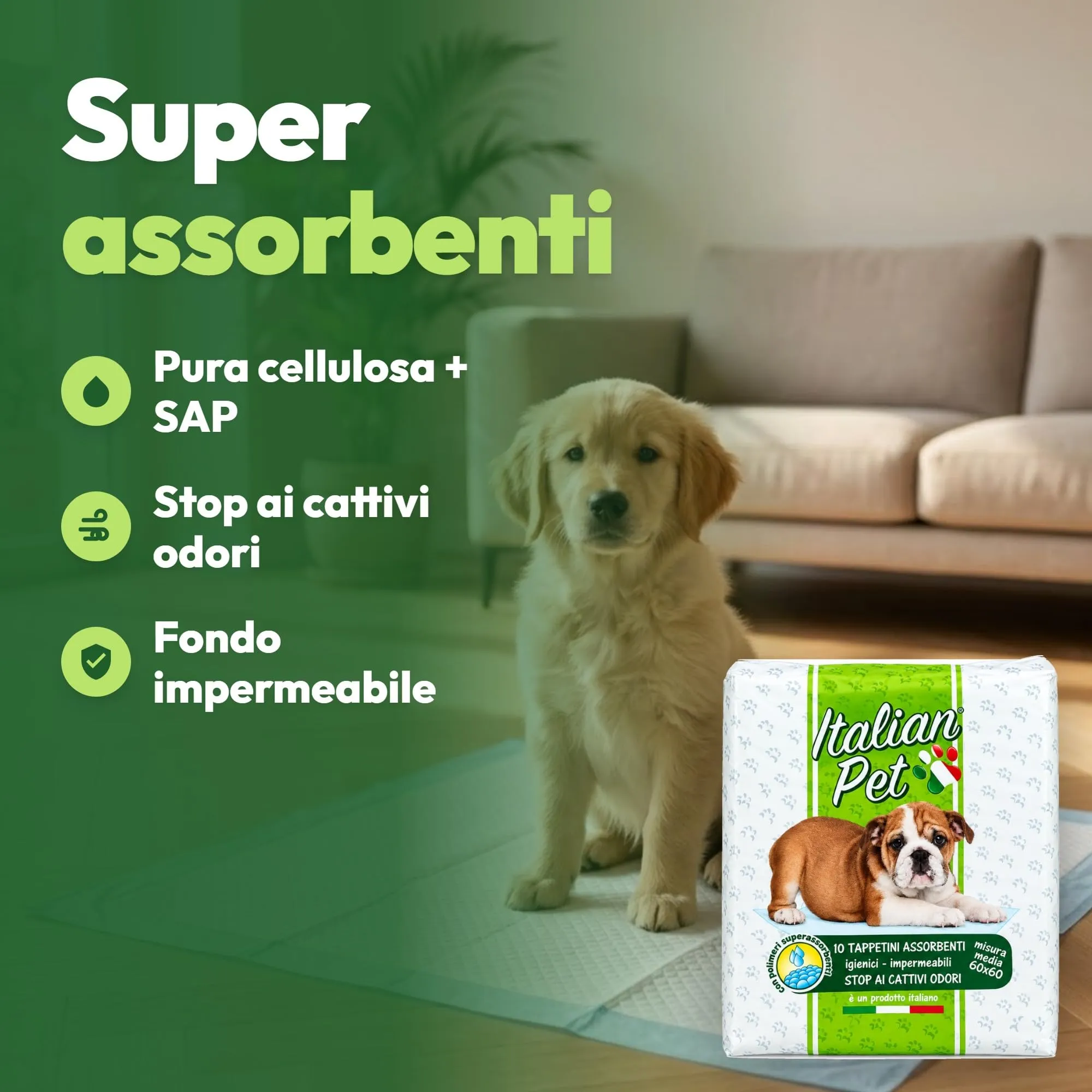 Italian Pet Traversine per Cani e Gatti 60x60 cm, 10 Pezzi – Tappetini Igienici Super Assorbenti con Polimeri SAP, Antiodore e Fondo Impermeabile – Formato Viaggio, Prodotto Italiano - immagine 2