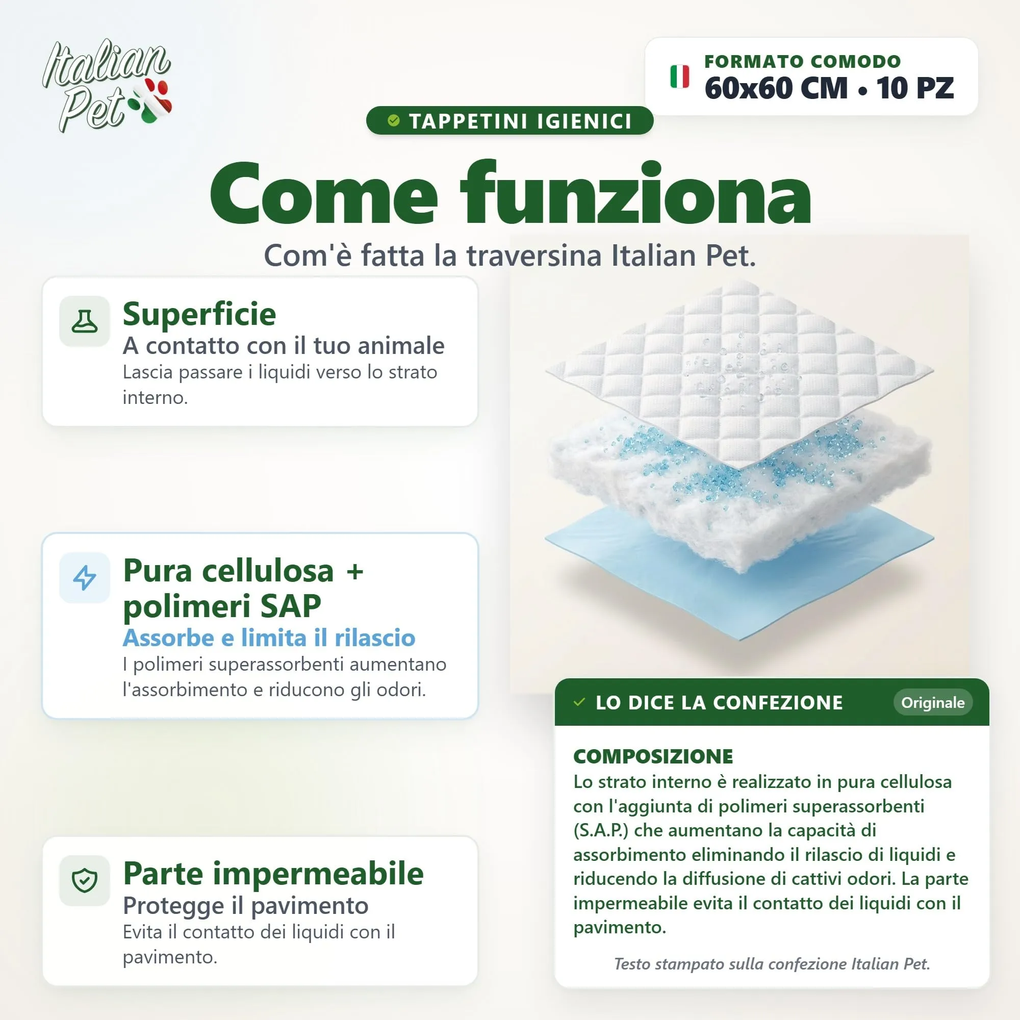 Italian Pet Traversine per Cani e Gatti 60x60 cm, 10 Pezzi – Tappetini Igienici Super Assorbenti con Polimeri SAP, Antiodore e Fondo Impermeabile – Formato Viaggio, Prodotto Italiano - immagine 4