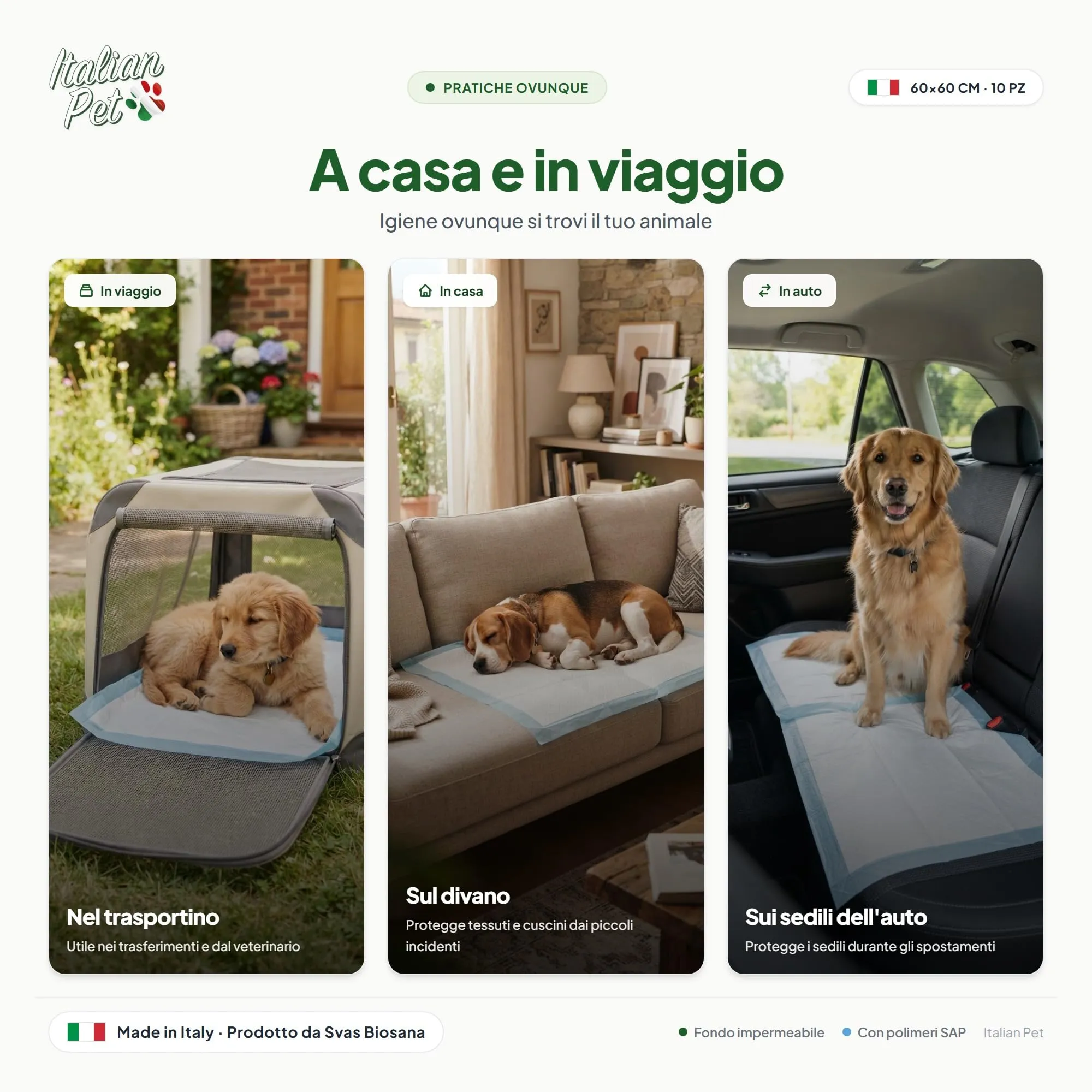 Italian Pet Traversine per Cani e Gatti 60x60 cm, 10 Pezzi – Tappetini Igienici Super Assorbenti con Polimeri SAP, Antiodore e Fondo Impermeabile – Formato Viaggio, Prodotto Italiano - immagine 5
