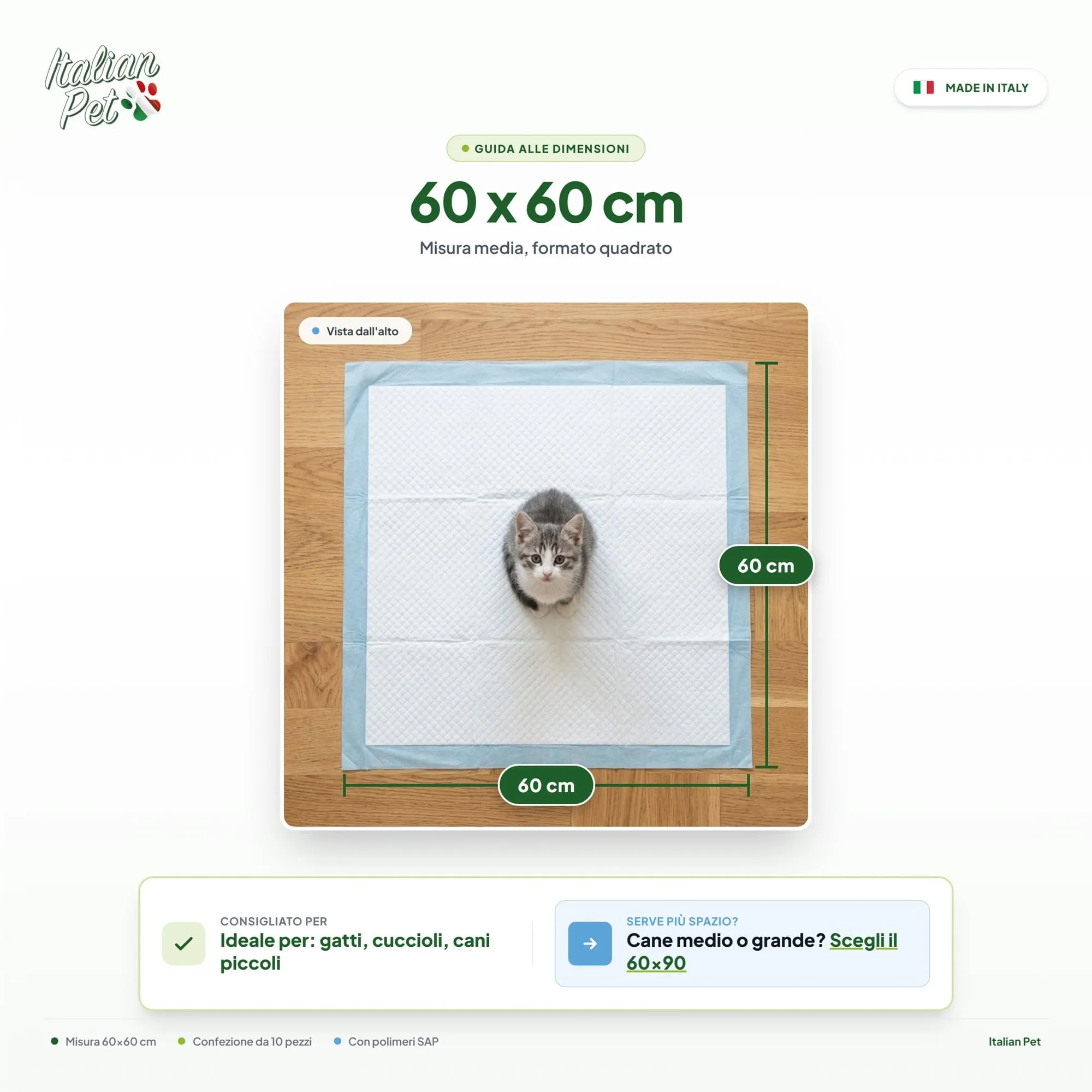 Italian Pet Traversine per Cani e Gatti 60x60 cm, 10 Pezzi – Tappetini Igienici Super Assorbenti con Polimeri SAP, Antiodore e Fondo Impermeabile – Formato Viaggio, Prodotto Italiano - immagine 7
