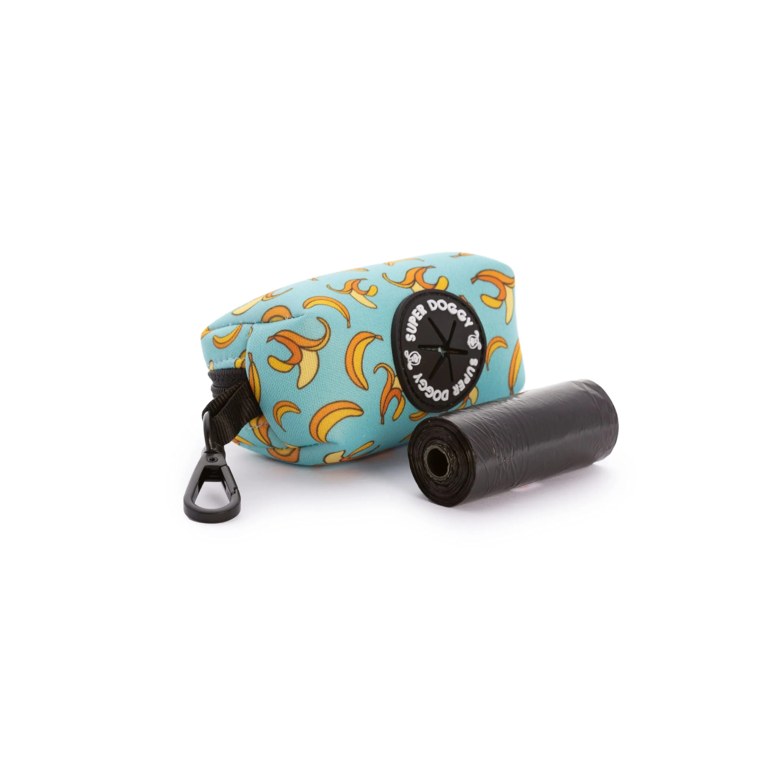 SUPER DOGGY Dispenser per Sacchetti per Cacca di Cane - Porta Sacchetti con Disegni per Guinzaglio - Buste per Premi e Accessori per Animali Domestici - Include Bustine per Cani (Blue Bananas) - immagine 1