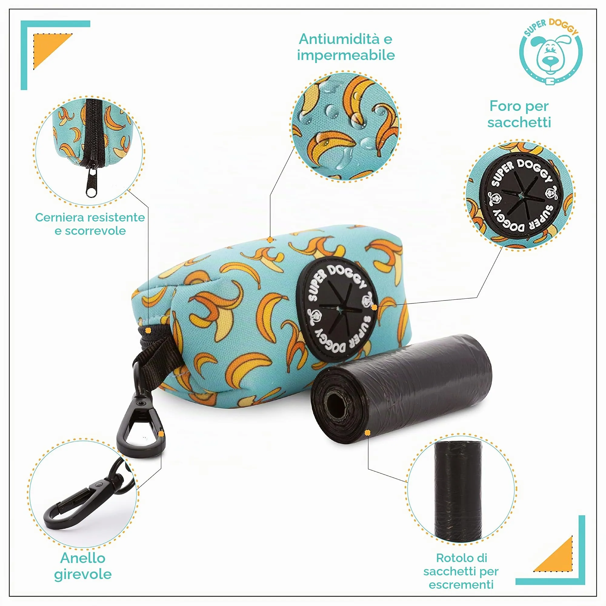 SUPER DOGGY Dispenser per Sacchetti per Cacca di Cane - Porta Sacchetti con Disegni per Guinzaglio - Buste per Premi e Accessori per Animali Domestici - Include Bustine per Cani (Blue Bananas) - immagine 2
