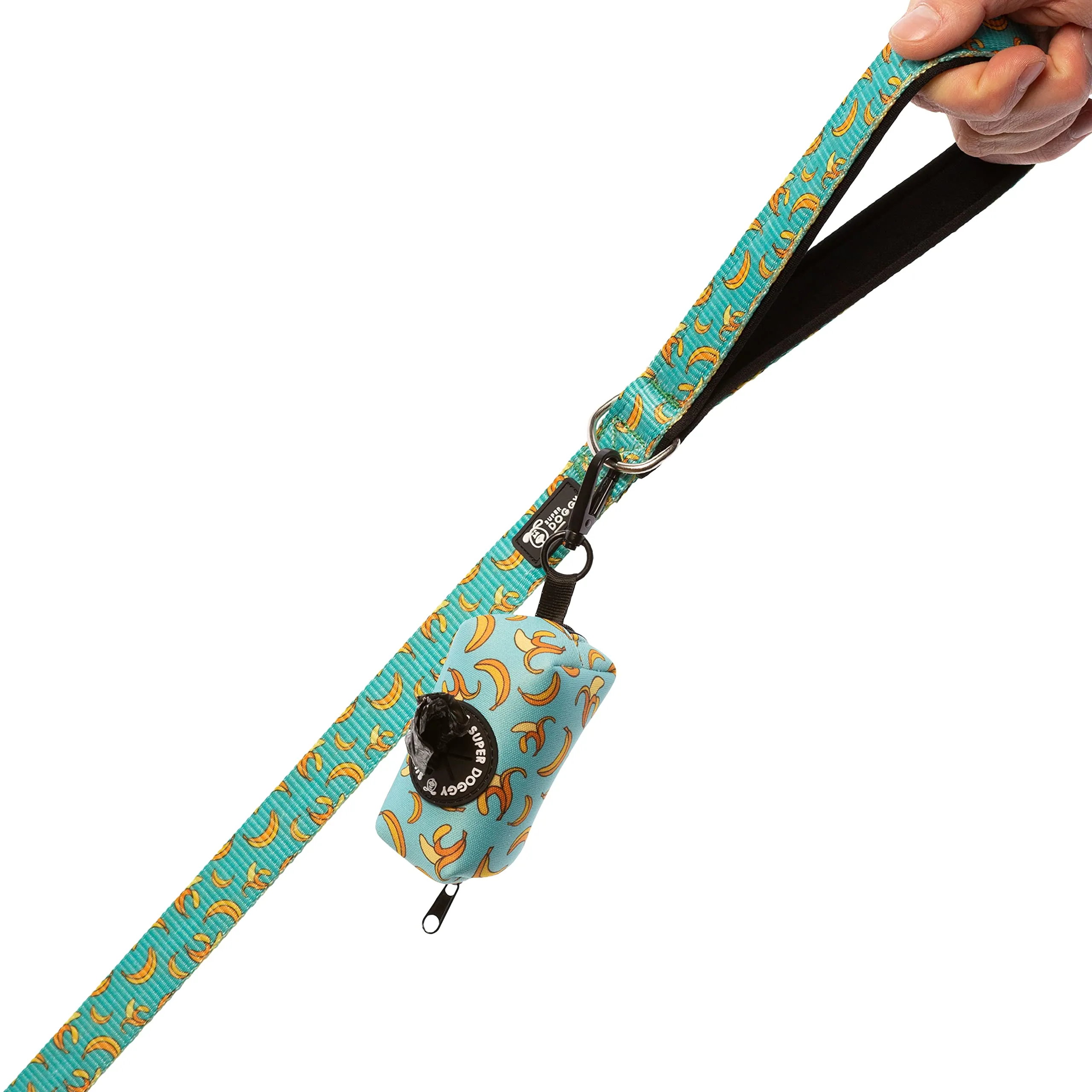 SUPER DOGGY Dispenser per Sacchetti per Cacca di Cane - Porta Sacchetti con Disegni per Guinzaglio - Buste per Premi e Accessori per Animali Domestici - Include Bustine per Cani (Blue Bananas) - immagine 5