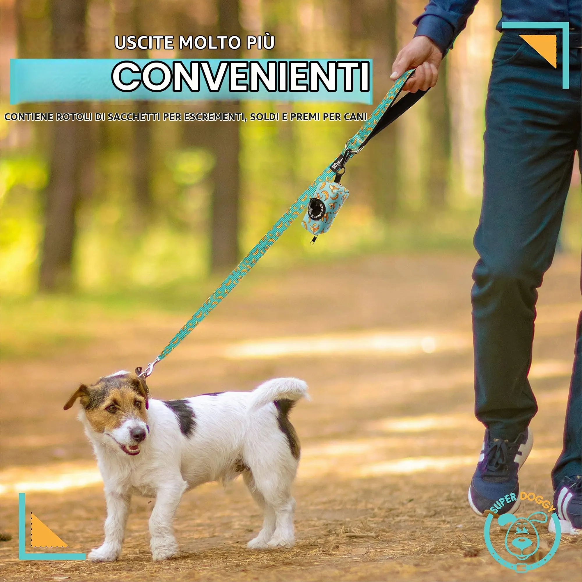 SUPER DOGGY Dispenser per Sacchetti per Cacca di Cane - Porta Sacchetti con Disegni per Guinzaglio - Buste per Premi e Accessori per Animali Domestici - Include Bustine per Cani (Blue Bananas) - immagine 6