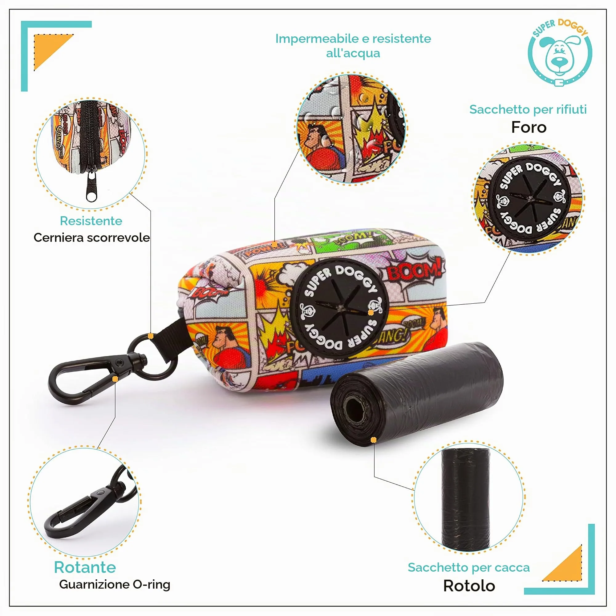 SUPER DOGGY Dispenser per Sacchetti per Cacca di Cane - Porta Sacchetti con Disegni per Guinzaglio - Buste per Premi e Accessori per Animali Domestici - Include Bustine per Cani (Cómic) - immagine 2