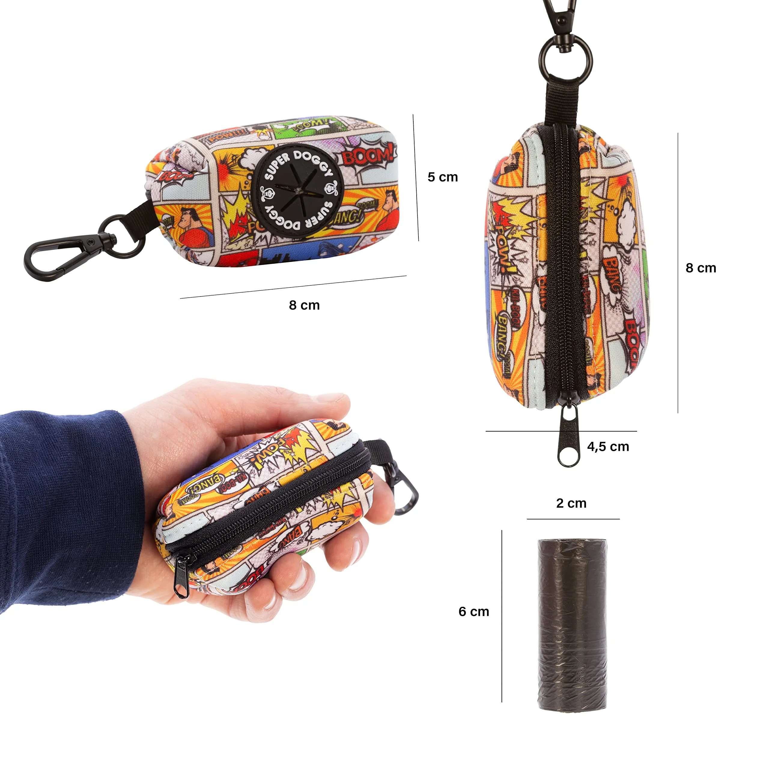 SUPER DOGGY Dispenser per Sacchetti per Cacca di Cane - Porta Sacchetti con Disegni per Guinzaglio - Buste per Premi e Accessori per Animali Domestici - Include Bustine per Cani (Cómic) - immagine 3
