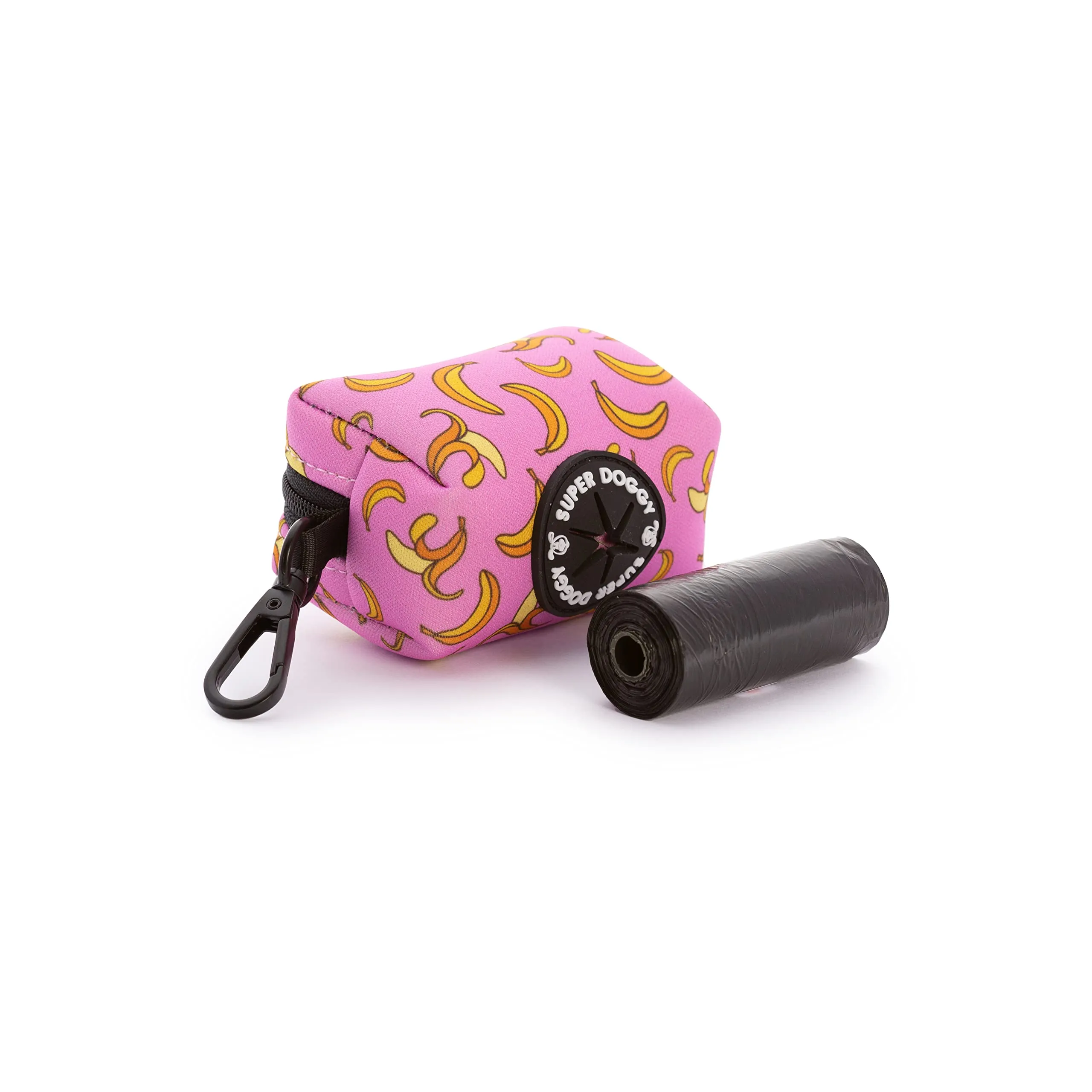 SUPER DOGGY Dispenser per Sacchetti per Cacca di Cane - Porta Sacchetti con Disegni per Guinzaglio - Buste per Premi e Accessori per Animali Domestici - Include Bustine per Cani (Pink Bananas) - immagine 1