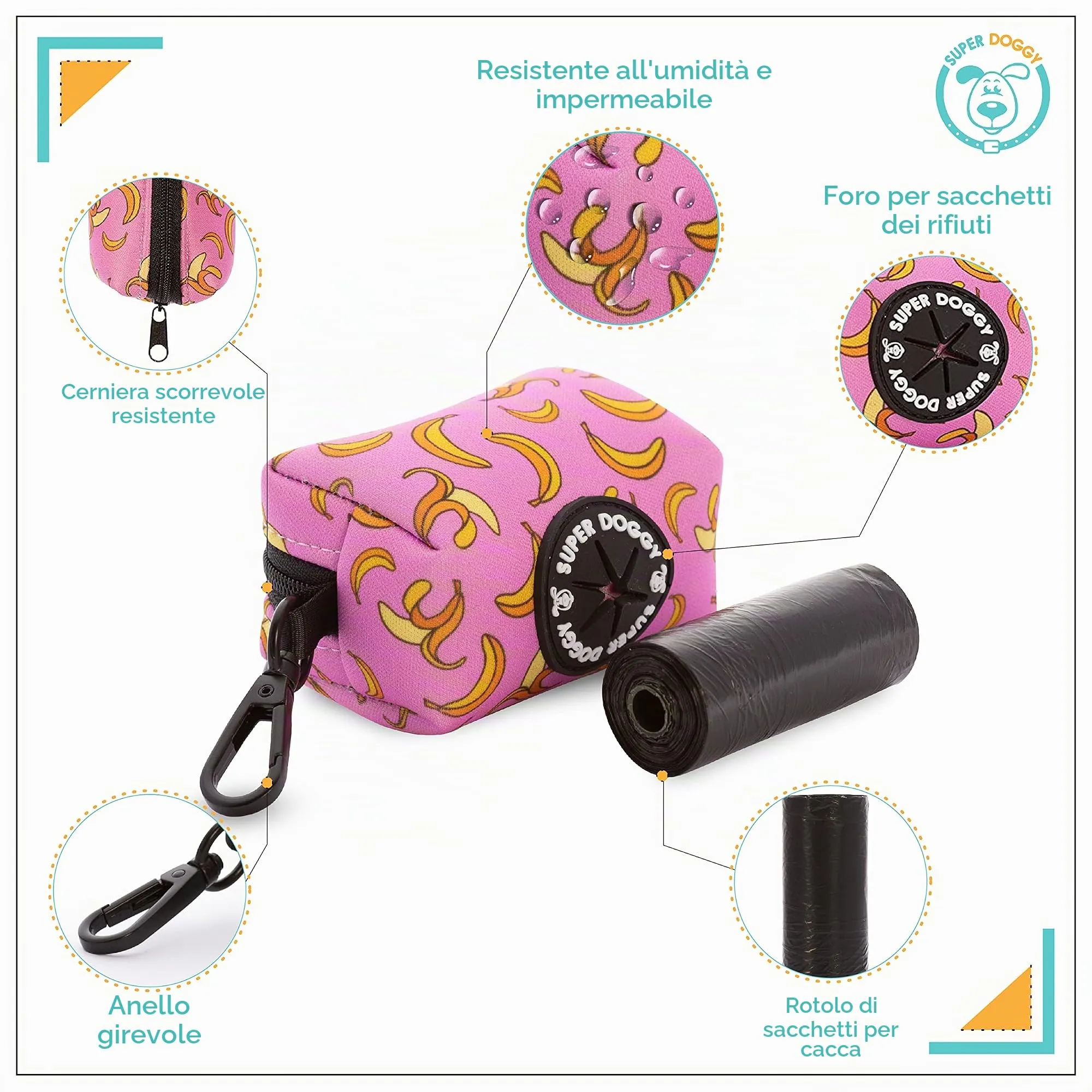 SUPER DOGGY Dispenser per Sacchetti per Cacca di Cane - Porta Sacchetti con Disegni per Guinzaglio - Buste per Premi e Accessori per Animali Domestici - Include Bustine per Cani (Pink Bananas) - immagine 2