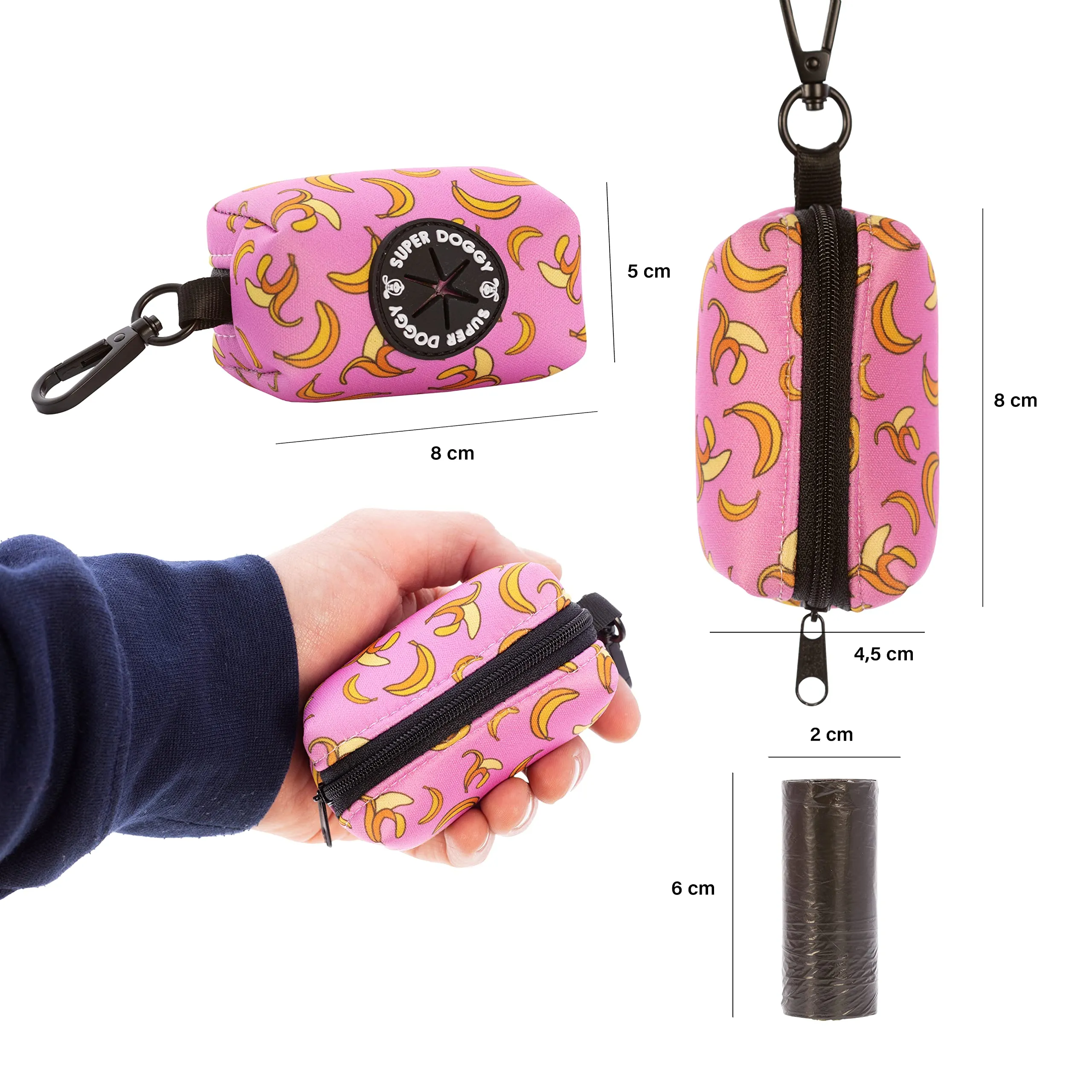 SUPER DOGGY Dispenser per Sacchetti per Cacca di Cane - Porta Sacchetti con Disegni per Guinzaglio - Buste per Premi e Accessori per Animali Domestici - Include Bustine per Cani (Pink Bananas) - immagine 3