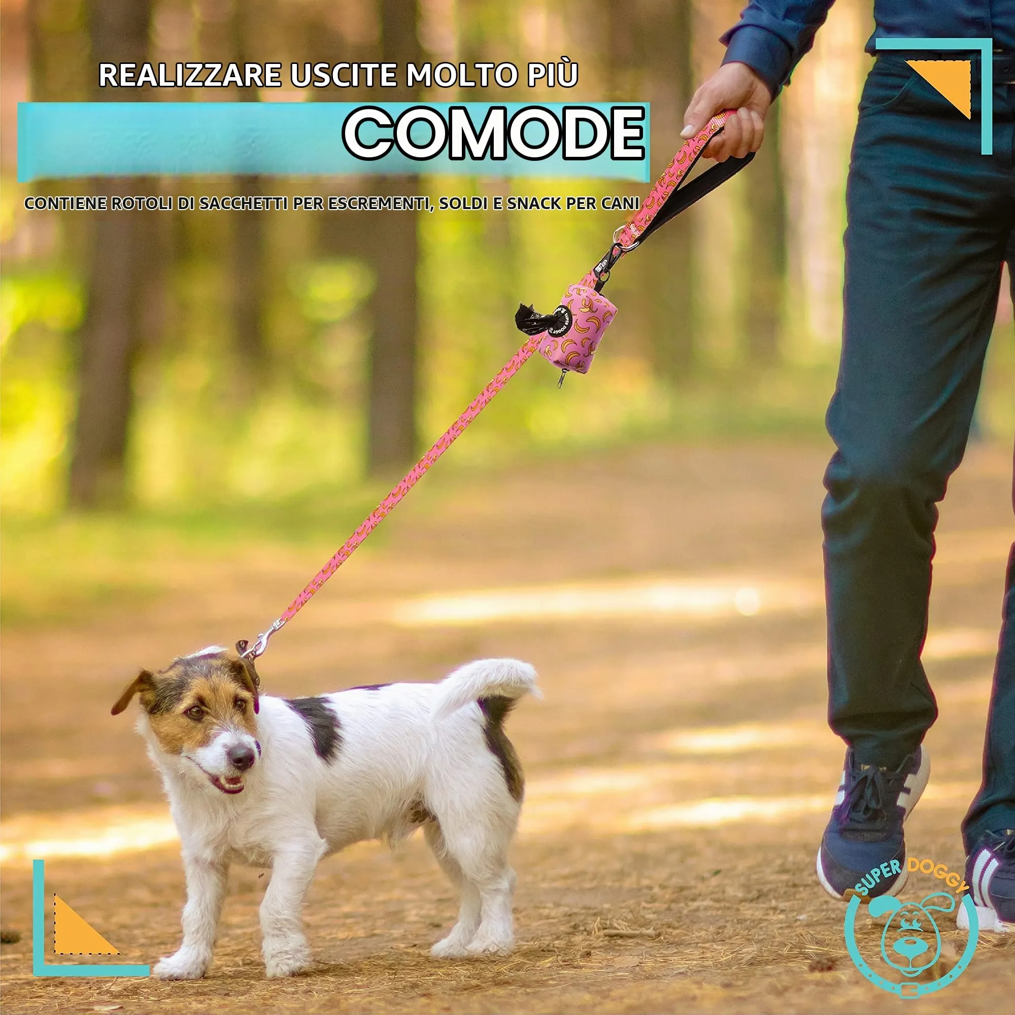 SUPER DOGGY Dispenser per Sacchetti per Cacca di Cane - Porta Sacchetti con Disegni per Guinzaglio - Buste per Premi e Accessori per Animali Domestici - Include Bustine per Cani (Pink Bananas) - immagine 6