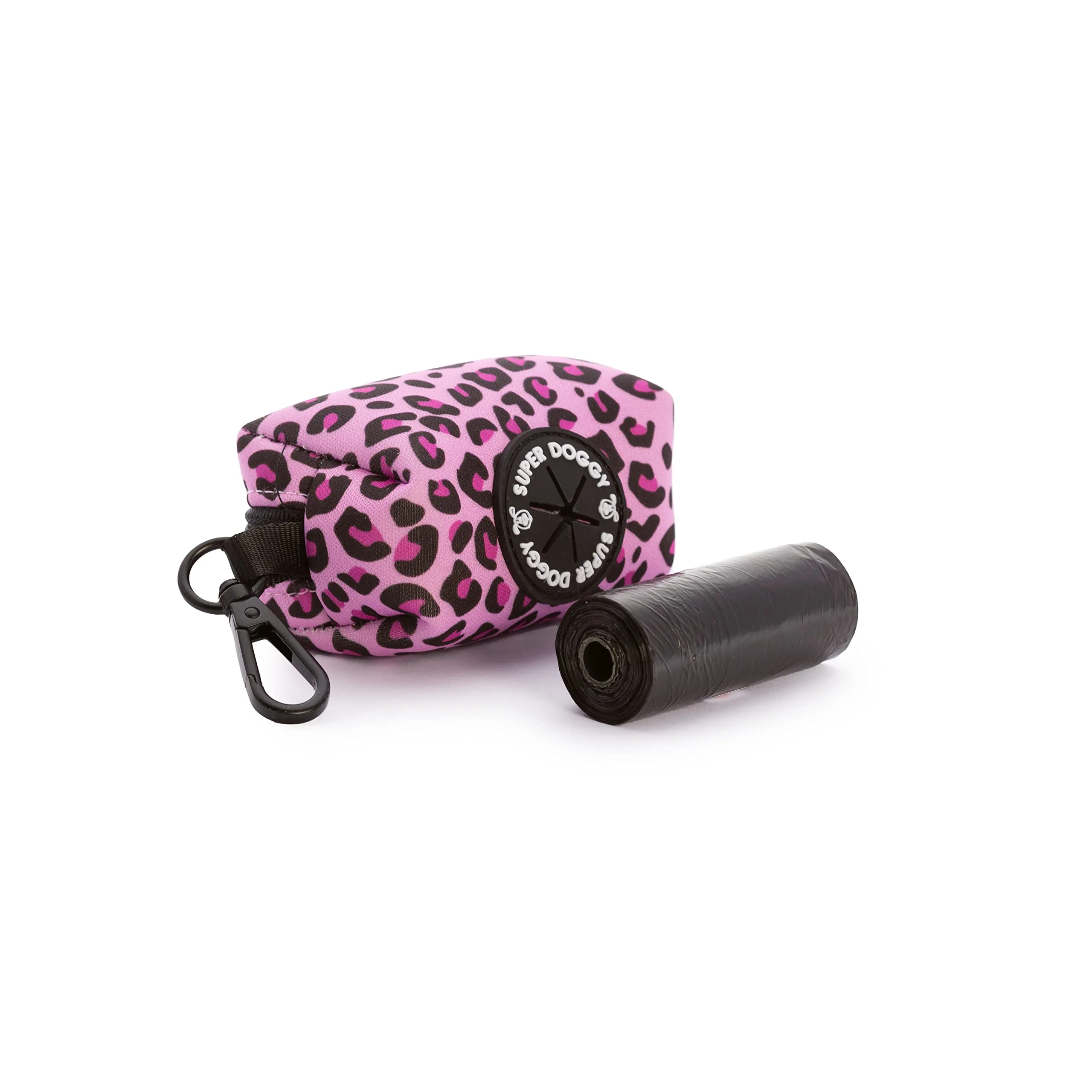 SUPER DOGGY Dispenser per Sacchetti per Cacca di Cane - Porta Sacchetti con Disegni per Guinzaglio - Buste per Premi e Accessori per Animali Domestici - Include Bustine per Cani (Pink Leopard) - immagine 1
