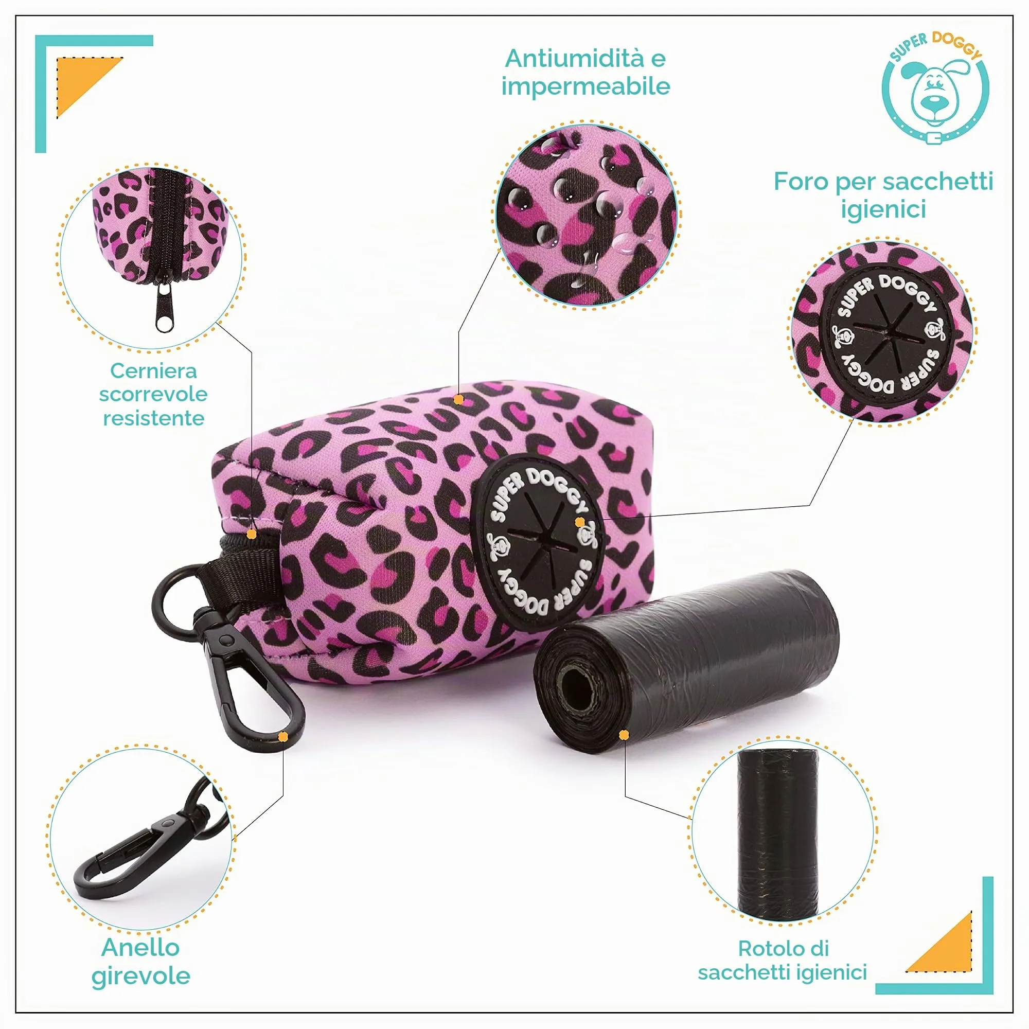 SUPER DOGGY Dispenser per Sacchetti per Cacca di Cane - Porta Sacchetti con Disegni per Guinzaglio - Buste per Premi e Accessori per Animali Domestici - Include Bustine per Cani (Pink Leopard) - immagine 2