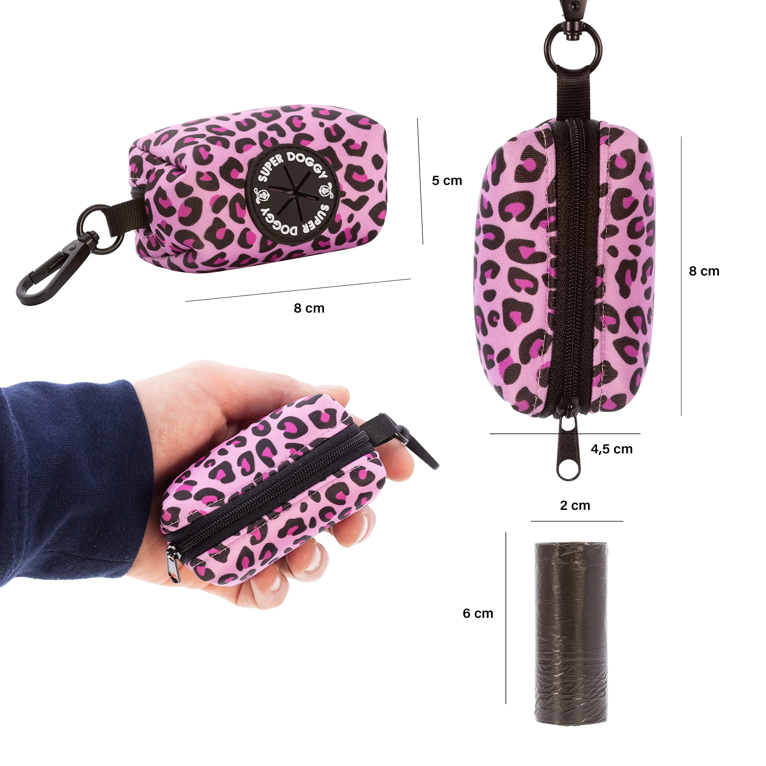 SUPER DOGGY Dispenser per Sacchetti per Cacca di Cane - Porta Sacchetti con Disegni per Guinzaglio - Buste per Premi e Accessori per Animali Domestici - Include Bustine per Cani (Pink Leopard) - immagine 3