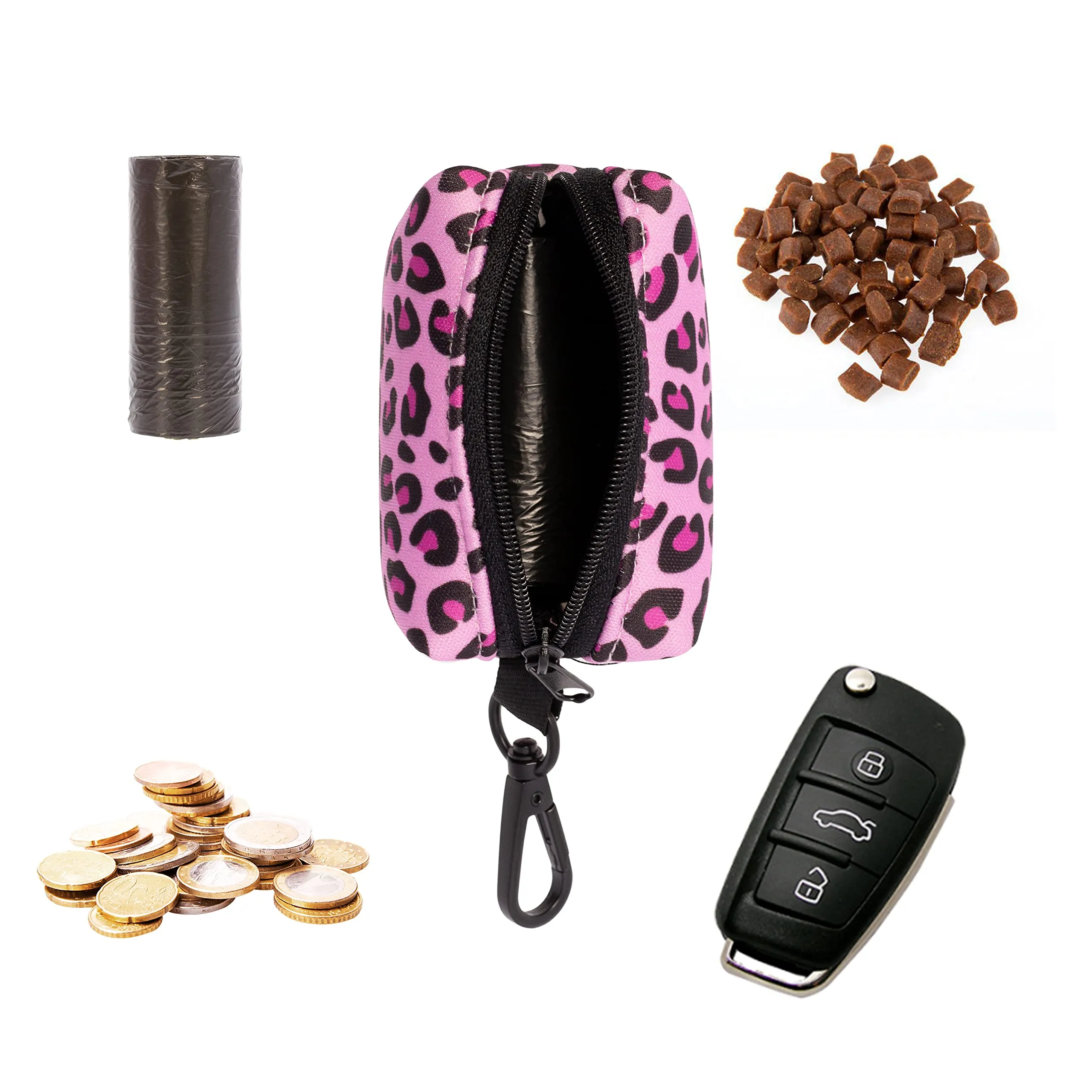 SUPER DOGGY Dispenser per Sacchetti per Cacca di Cane - Porta Sacchetti con Disegni per Guinzaglio - Buste per Premi e Accessori per Animali Domestici - Include Bustine per Cani (Pink Leopard) - immagine 4