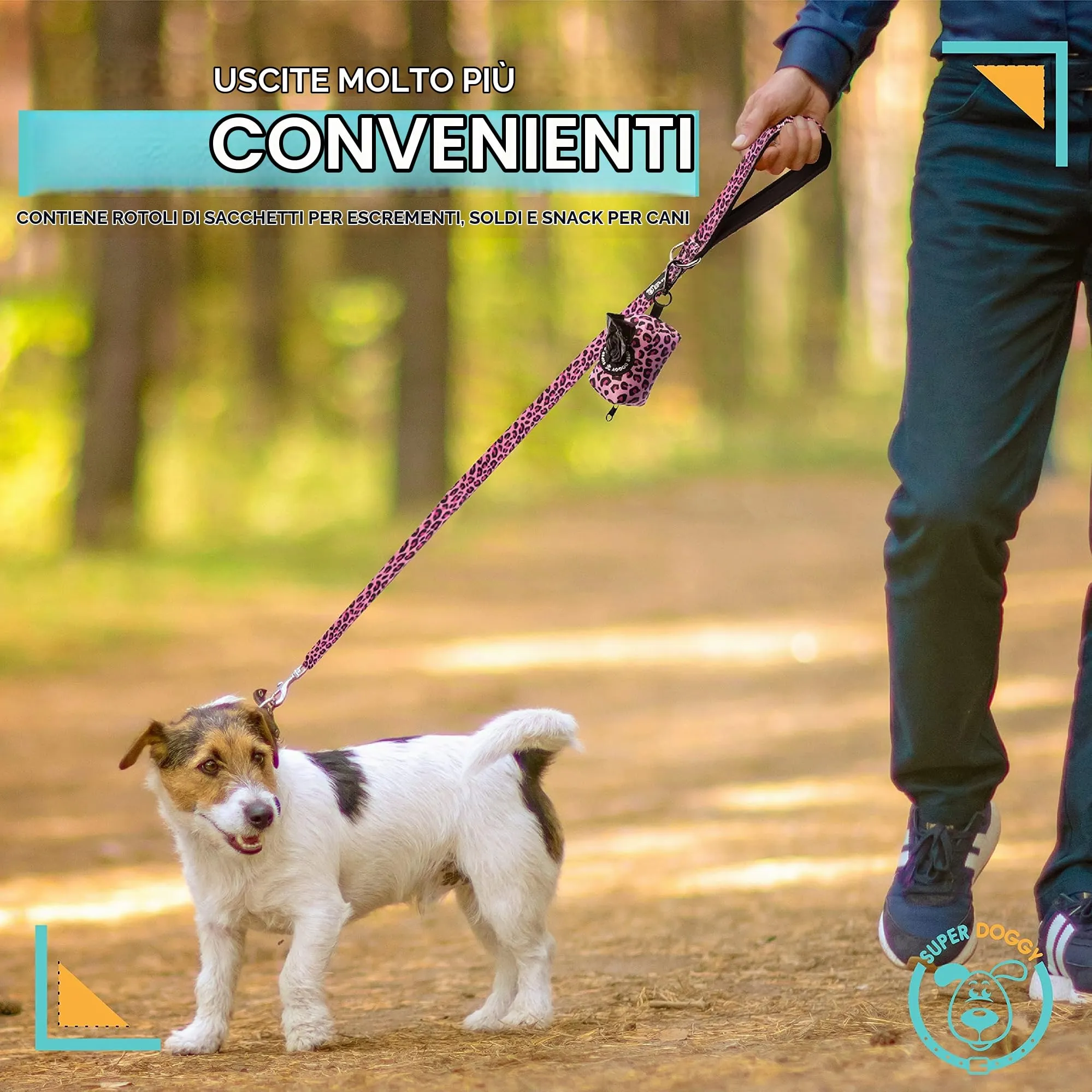 SUPER DOGGY Dispenser per Sacchetti per Cacca di Cane - Porta Sacchetti con Disegni per Guinzaglio - Buste per Premi e Accessori per Animali Domestici - Include Bustine per Cani (Pink Leopard) - immagine 6