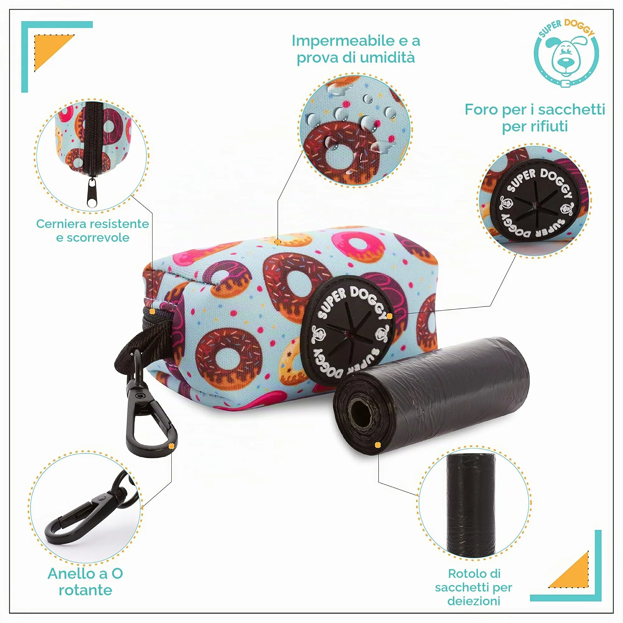 SUPER DOGGY Dispenser per Sacchetti per Cacca di Cane - Porta Sacchetti con Disegni per Guinzaglio - Buste per Premi e Accessori per Animali Domestici - Include per Bustine Cani (Donuts) - immagine 2
