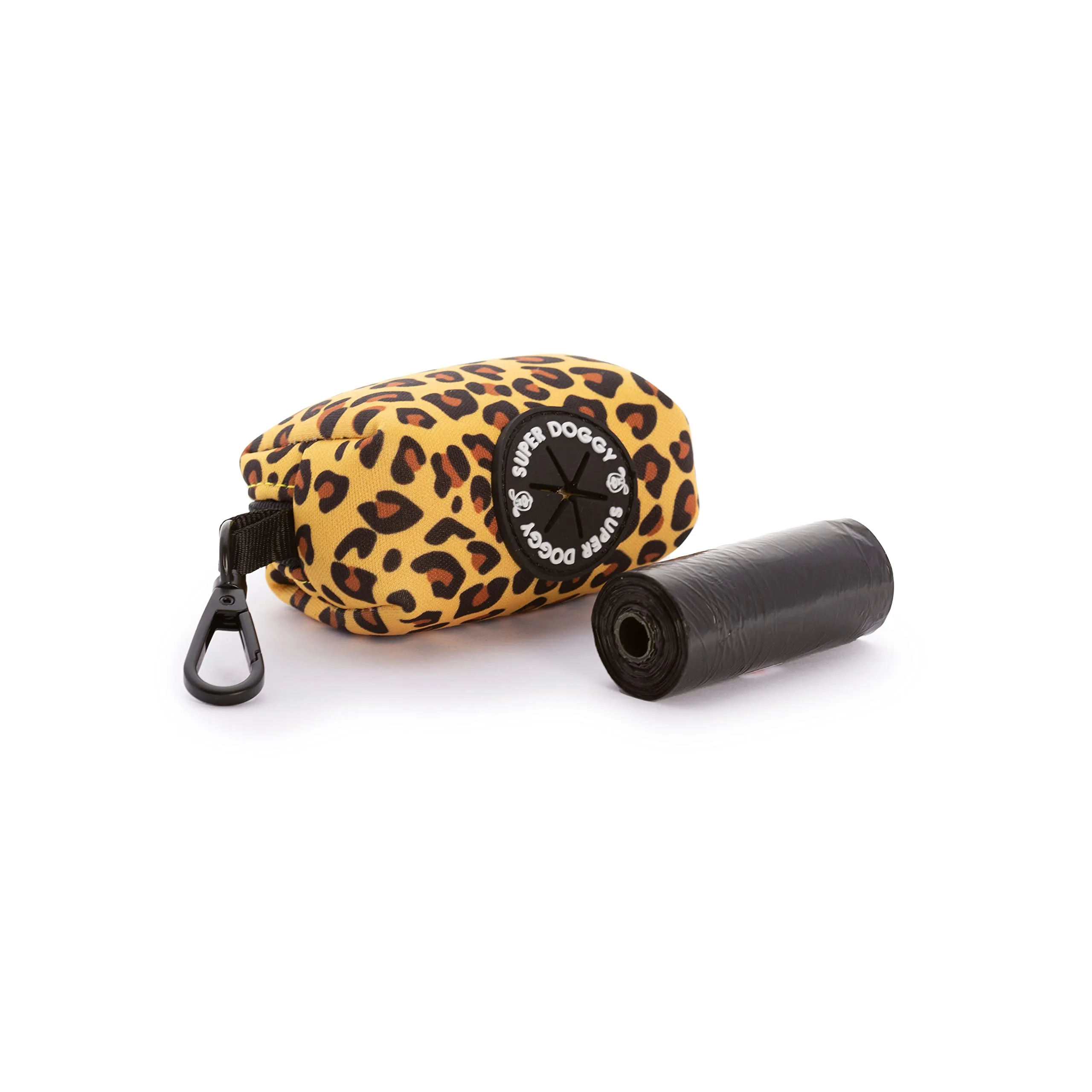 SUPER DOGGY Dispenser per Sacchetti per Cacca di Cane - Porta Sacchetti con Disegni per Guinzaglio - Buste per Premi e Accessori per Animali Domestici - Include Bustine per Cani (Leopard) - immagine 1