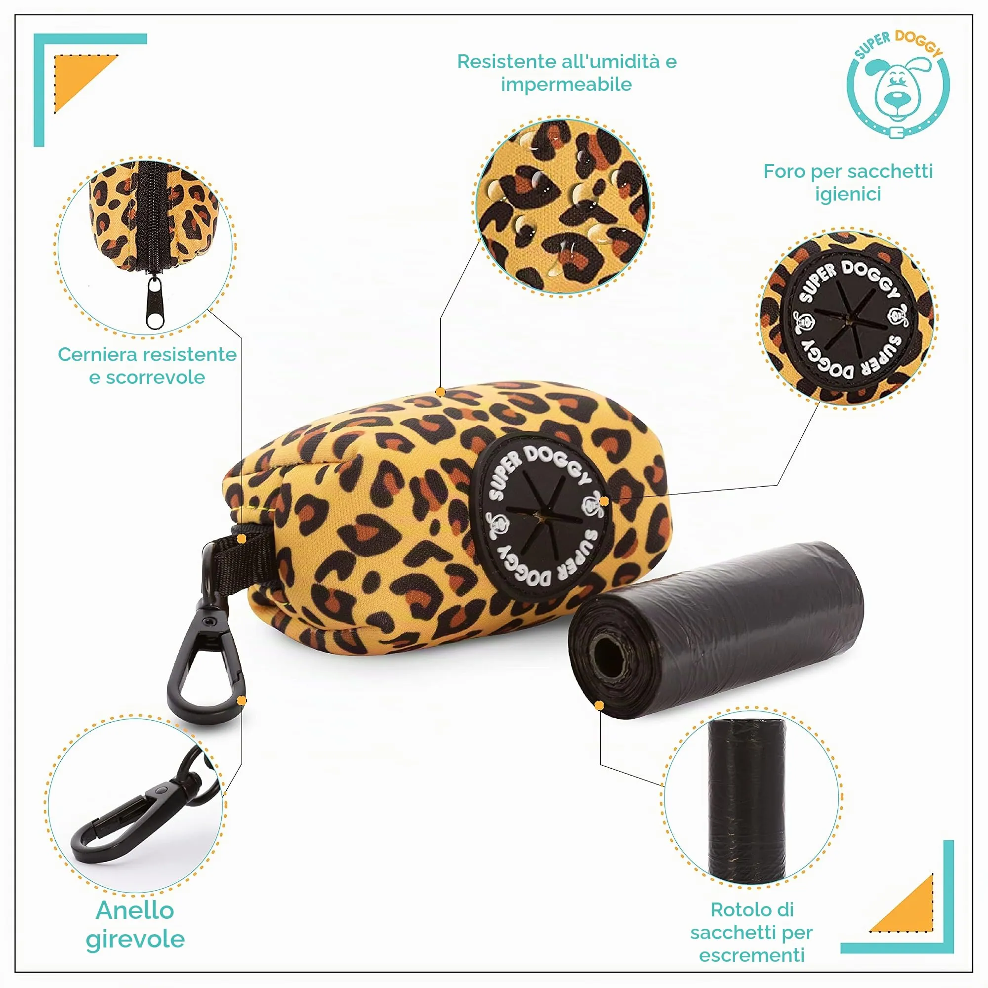 SUPER DOGGY Dispenser per Sacchetti per Cacca di Cane - Porta Sacchetti con Disegni per Guinzaglio - Buste per Premi e Accessori per Animali Domestici - Include Bustine per Cani (Leopard) - immagine 2