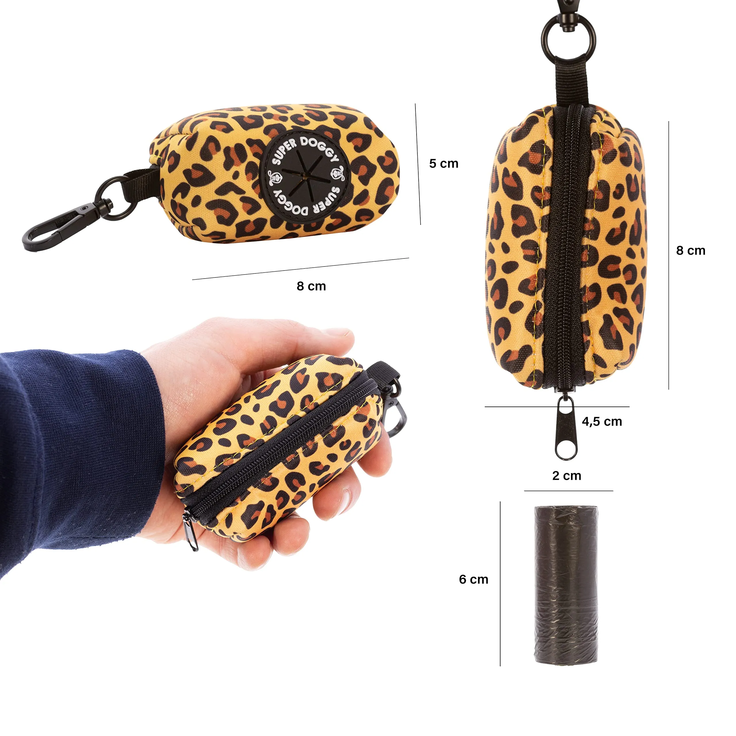 SUPER DOGGY Dispenser per Sacchetti per Cacca di Cane - Porta Sacchetti con Disegni per Guinzaglio - Buste per Premi e Accessori per Animali Domestici - Include Bustine per Cani (Leopard) - immagine 3