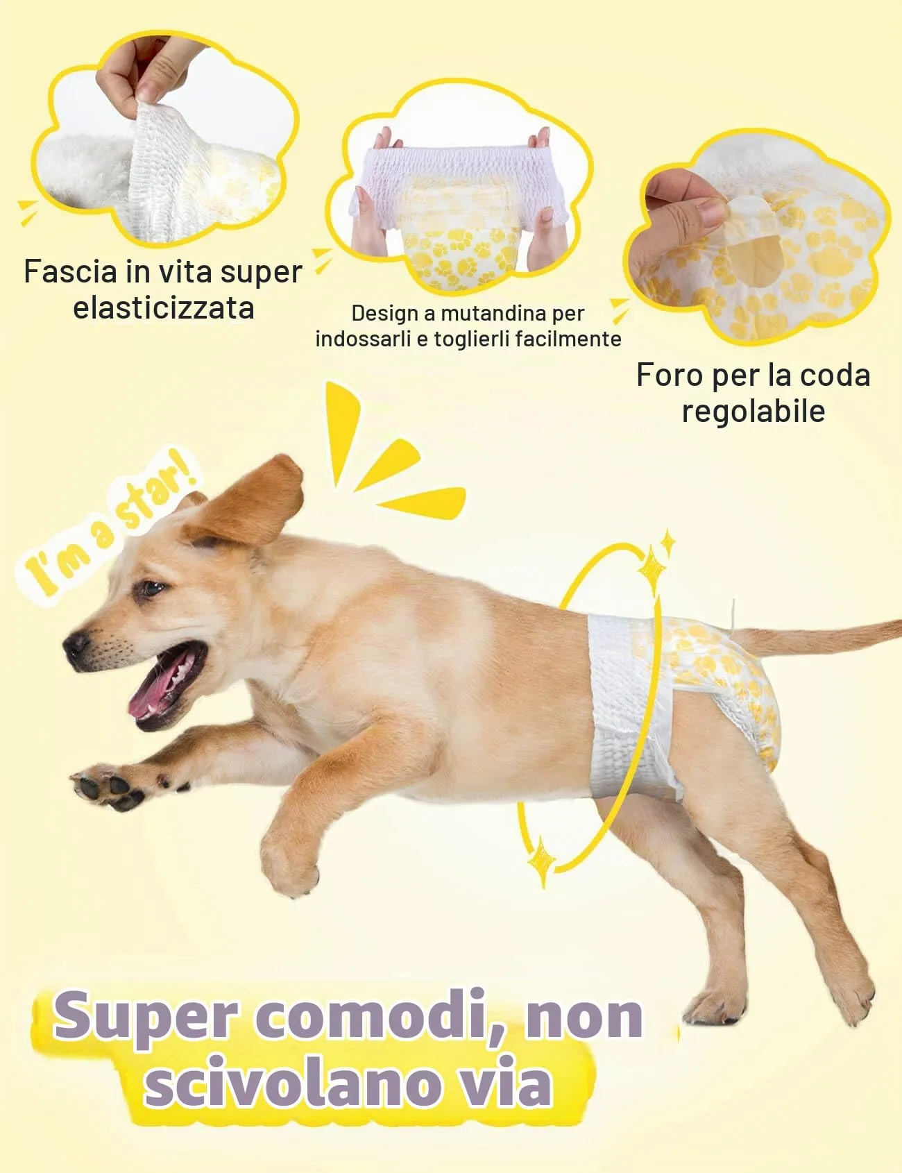 Dono - Pannolini per Cani Femmina per Cani Grandi con Vita Elastica, Pannolini Monouso Pull Up a Fasciatura Completa per Cuccioli in Calo, 360° a Prova di Perdite Super Assorbenti per Cani Piccoli - immagine 3
