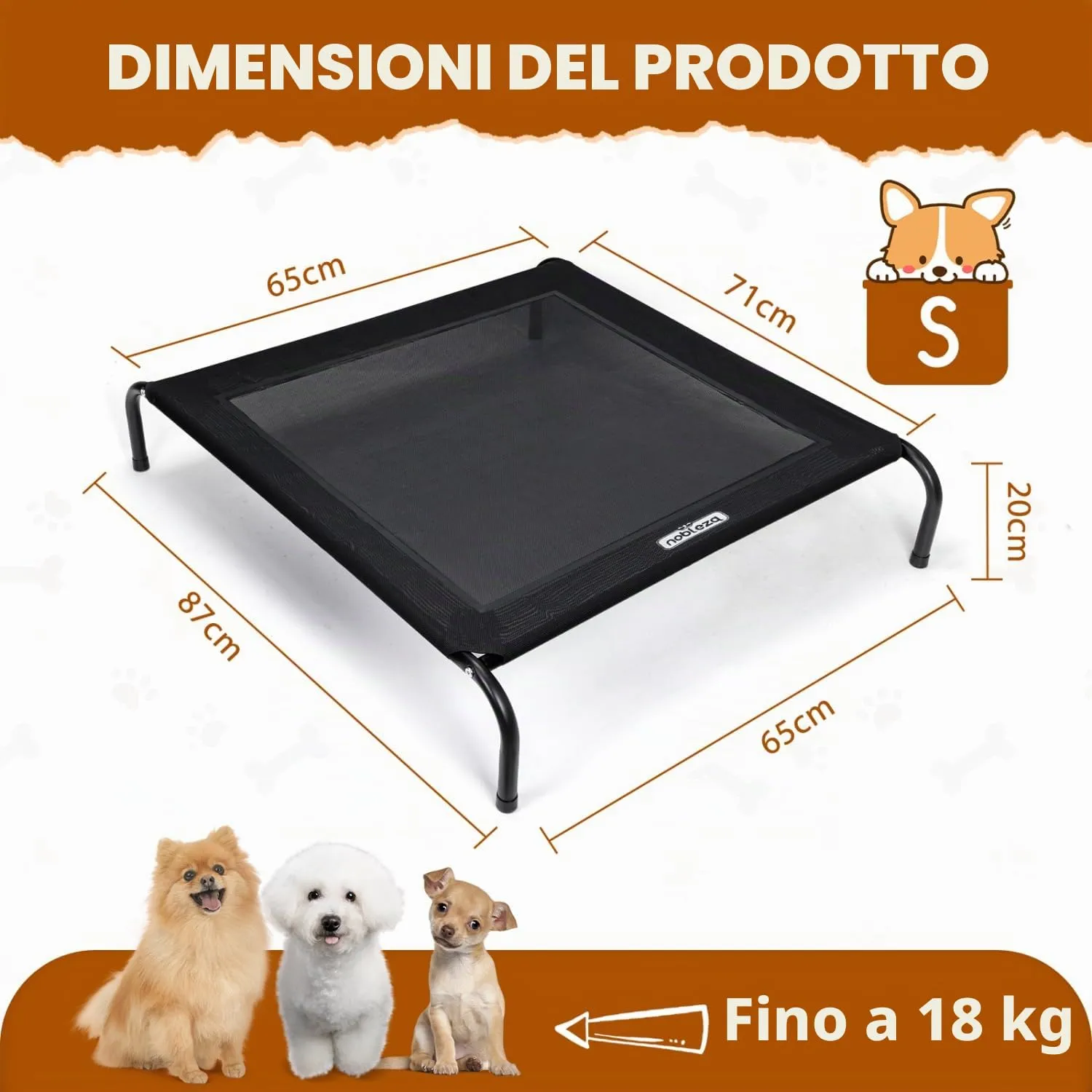 Nobleza Brandina Per Cani, Lettino Rialzato Per Cani Tagila Piccola, Lettino Cane Per Giardino E Outdoor, Letto Rinfrescante Per Animali Domestici Lavabile, Nero, S, 87x65x20CM - immagine 2