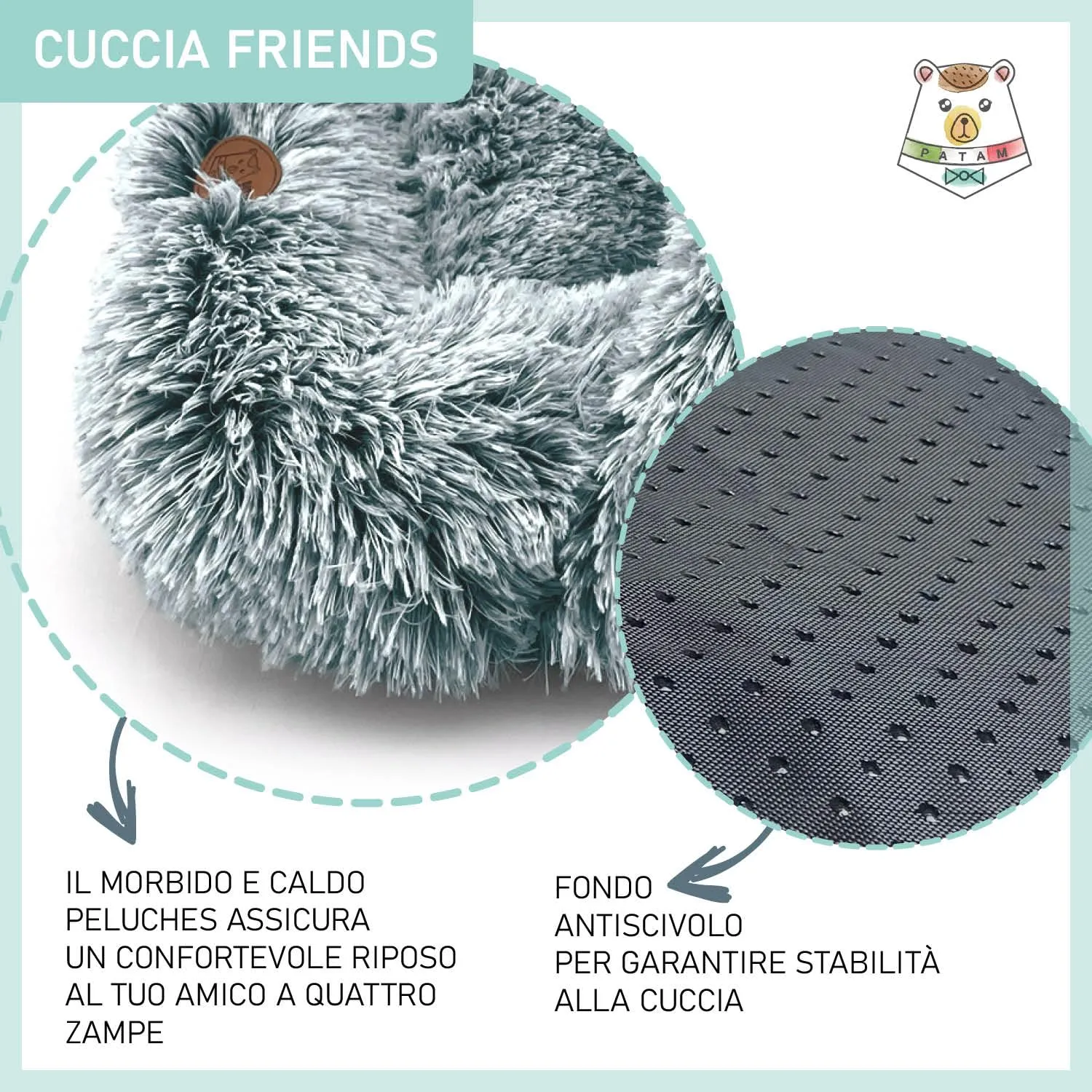 PATAM Cuccia Morbida Cani Piccoli, Gatti, da Interno, Lavabile e Antiscivolo, Friends Grigio 60x50 cm - immagine 5