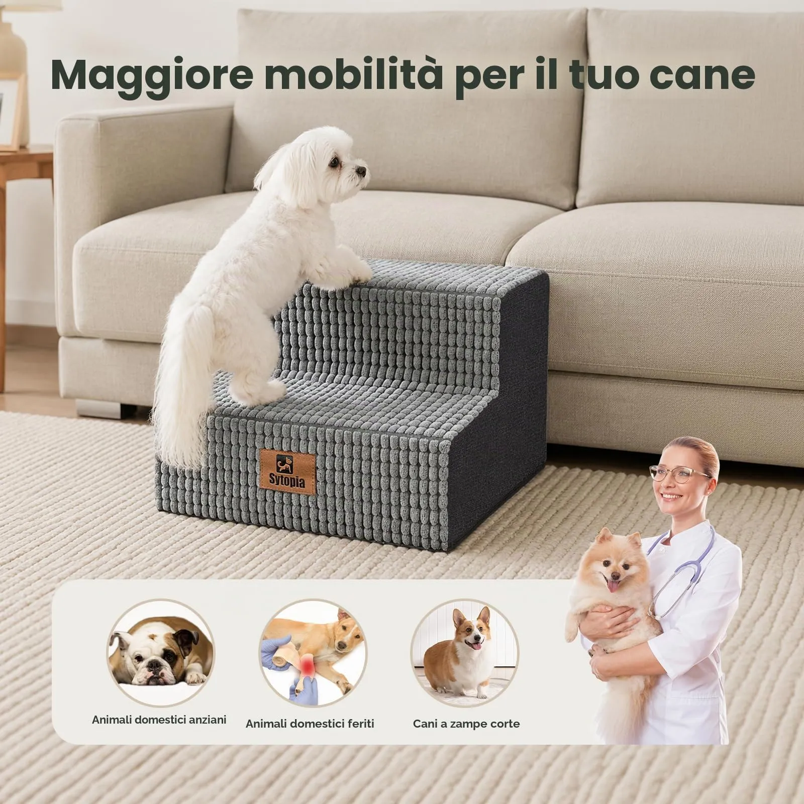 Sytopia Scaletta per cani di piccola taglia, 2 gradini, per letto e divano, altezza 40 cm, in schiuma, lavabile, per cani feriti e anziani, altezza 34 cm, grigio - immagine 4