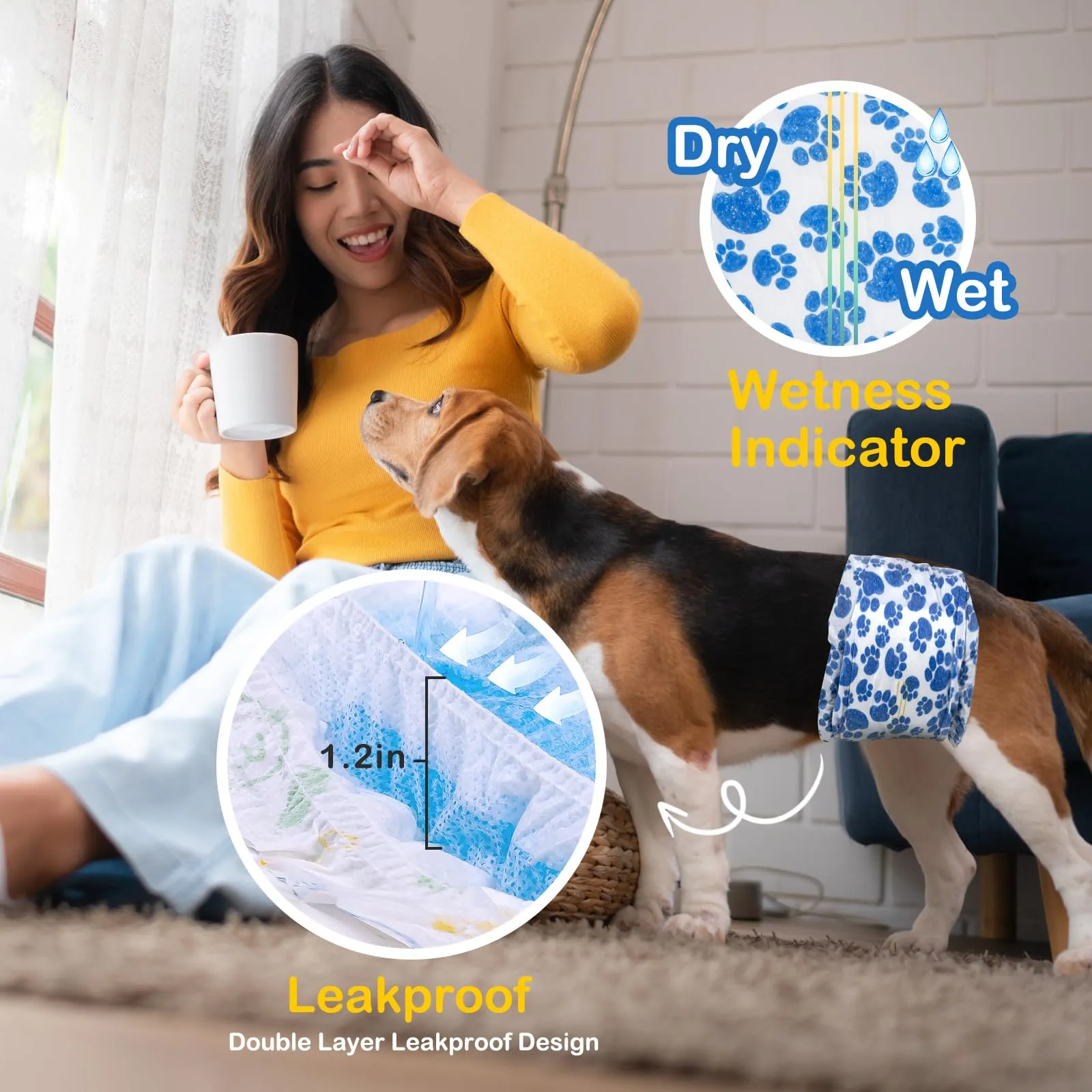 Dono Pannolini Cani Maschi, 60 Pezzi, Pannolini per Cani Maschi per Incontinenza, Indicatore di Bagnatura, Super Assorbenti, a Prova di Perdite, Minzione Eccitante, Calore,XS,S,M,L - immagine 5
