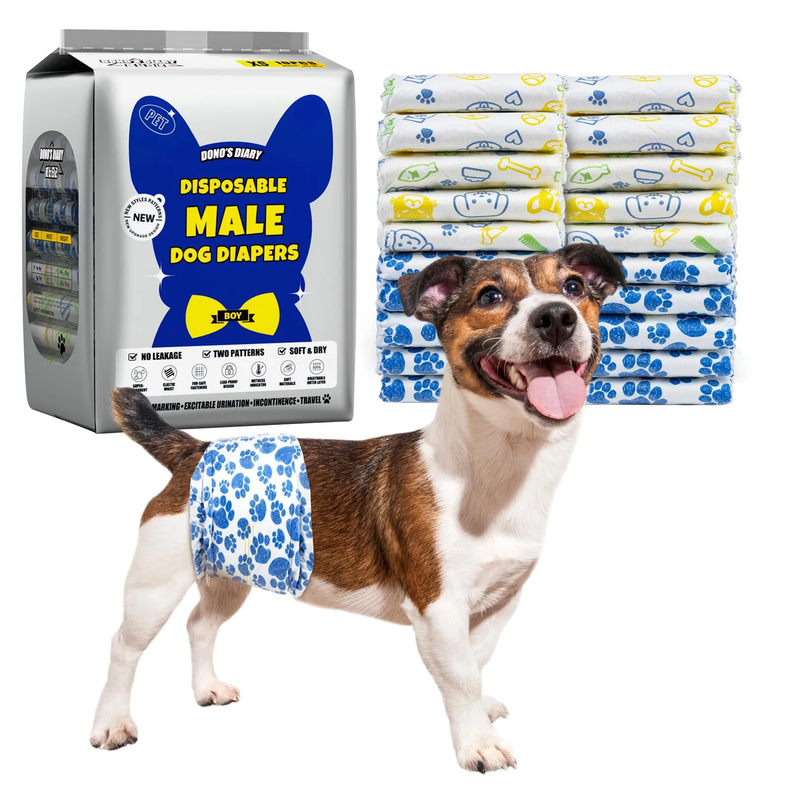 Dono Pannolini Cani Maschi, 30 Pezzi, Pannolini per Cani Maschi per Incontinenza, Indicatore di Bagnatura, Super Assorbenti, a Prova di Perdite, Minzione Eccitante, Calore,XS,S,M,L - immagine 1