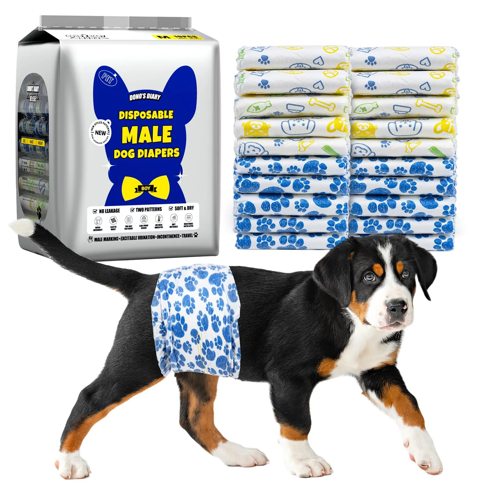Dono Pannolini Cani Maschi, 30 Pezzi, Pannolini per Cani Maschi per Incontinenza, Indicatore di Bagnatura, Super Assorbenti, a Prova di Perdite, Minzione Eccitante, Calore,XS,S,M,L - immagine 1