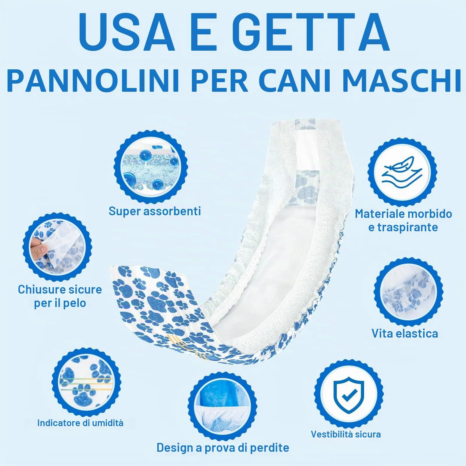 Dono Pannolini Cani Maschi, 30 Pezzi, Pannolini per Cani Maschi per Incontinenza, Indicatore di Bagnatura, Super Assorbenti, a Prova di Perdite, Minzione Eccitante, Calore,XS,S,M,L - immagine 3