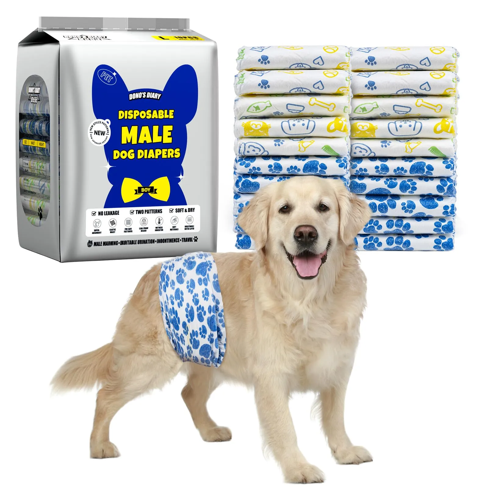 Dono Pannolini Cani Maschi, 20 Pezzi, Pannolini per Cani Maschi per Incontinenza, Indicatore di Bagnatura, Super Assorbenti, a Prova di Perdite, Minzione Eccitante, Calore,XS,S,M,L - immagine 1