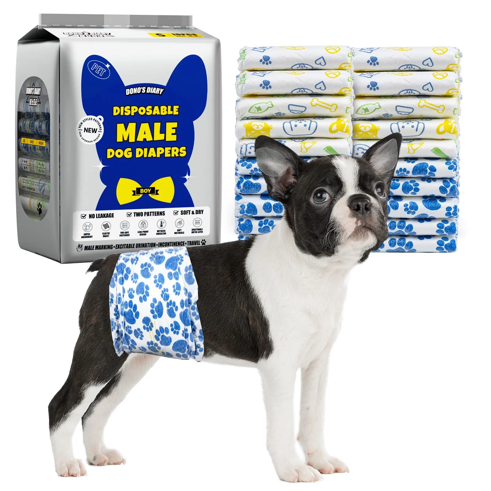 Dono Pannolini Cani Maschi, 60 Pezzi, Pannolini per Cani Maschi per Incontinenza, Indicatore di Bagnatura, Super Assorbenti, a Prova di Perdite, Minzione Eccitante, Calore,XS,S,M,L - immagine 1