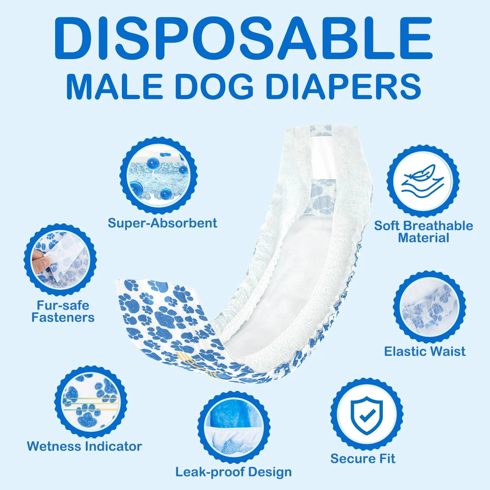 Dono Pannolini Cani Maschi, 60 Pezzi, Pannolini per Cani Maschi per Incontinenza, Indicatore di Bagnatura, Super Assorbenti, a Prova di Perdite, Minzione Eccitante, Calore,XS,S,M,L - immagine 3