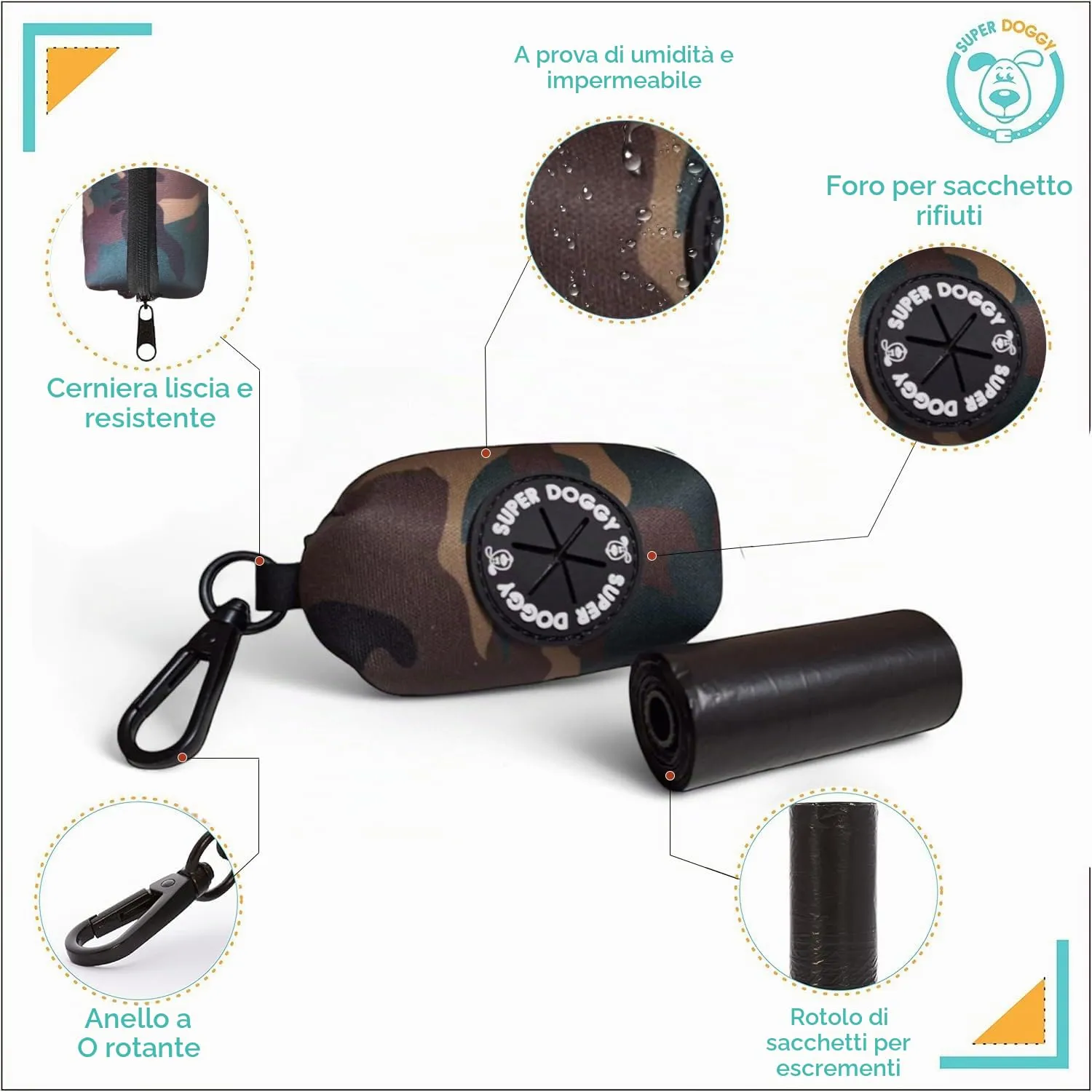 Dispenser per Sacchetti per Cacca di Cane - Porta Sacchetti con Disegni per Guinzaglio - Buste per Premi e Accessori per Animali Domestici - Include Bustine Cani (Camouflage) - immagine 2