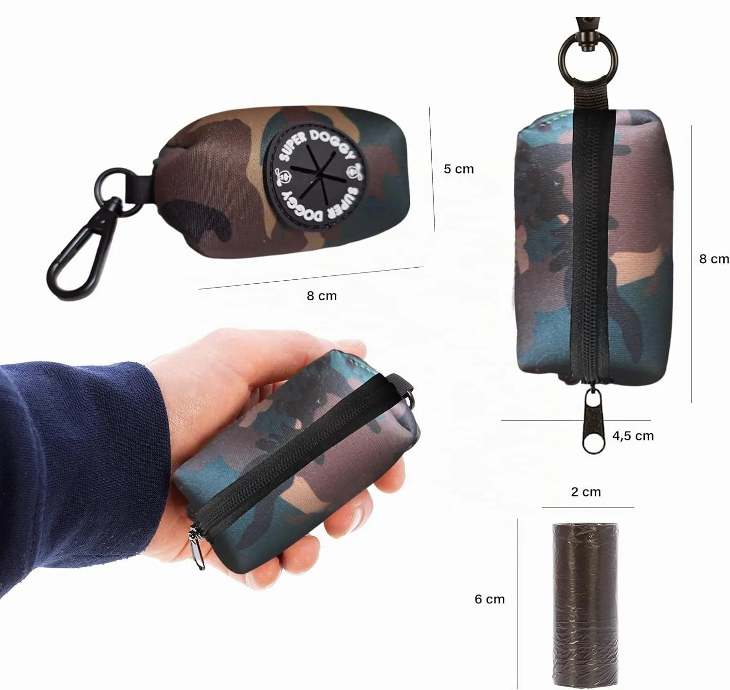 Dispenser per Sacchetti per Cacca di Cane - Porta Sacchetti con Disegni per Guinzaglio - Buste per Premi e Accessori per Animali Domestici - Include Bustine Cani (Camouflage) - immagine 3