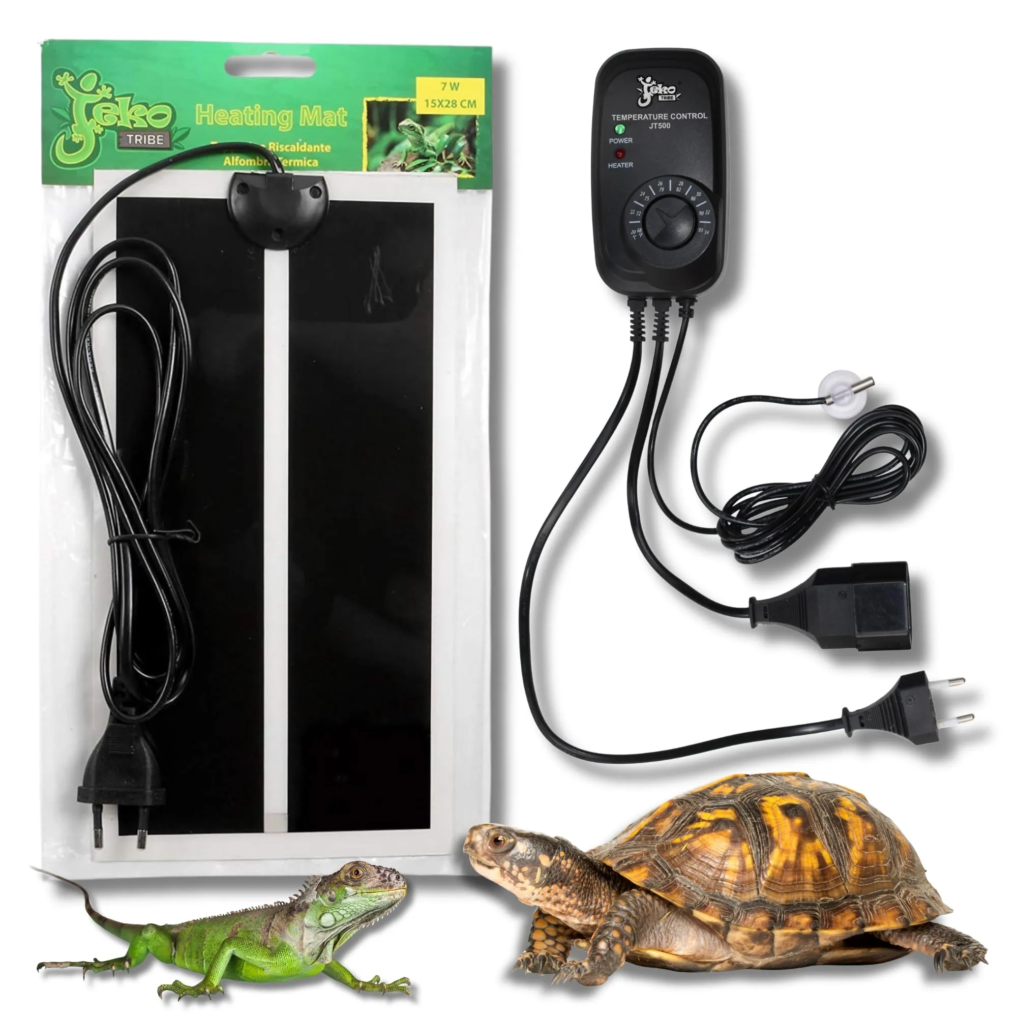 JEKO TRIBE Kit termoregolatore con sonda termostato analogico Max 500w + Tappetino Riscaldante 7W 28x15cm Rimovibile e Regolabile 21–33°C per Serpenti, Tartarughe, Lucertole, Gechi e Altri Rettili - immagine 1