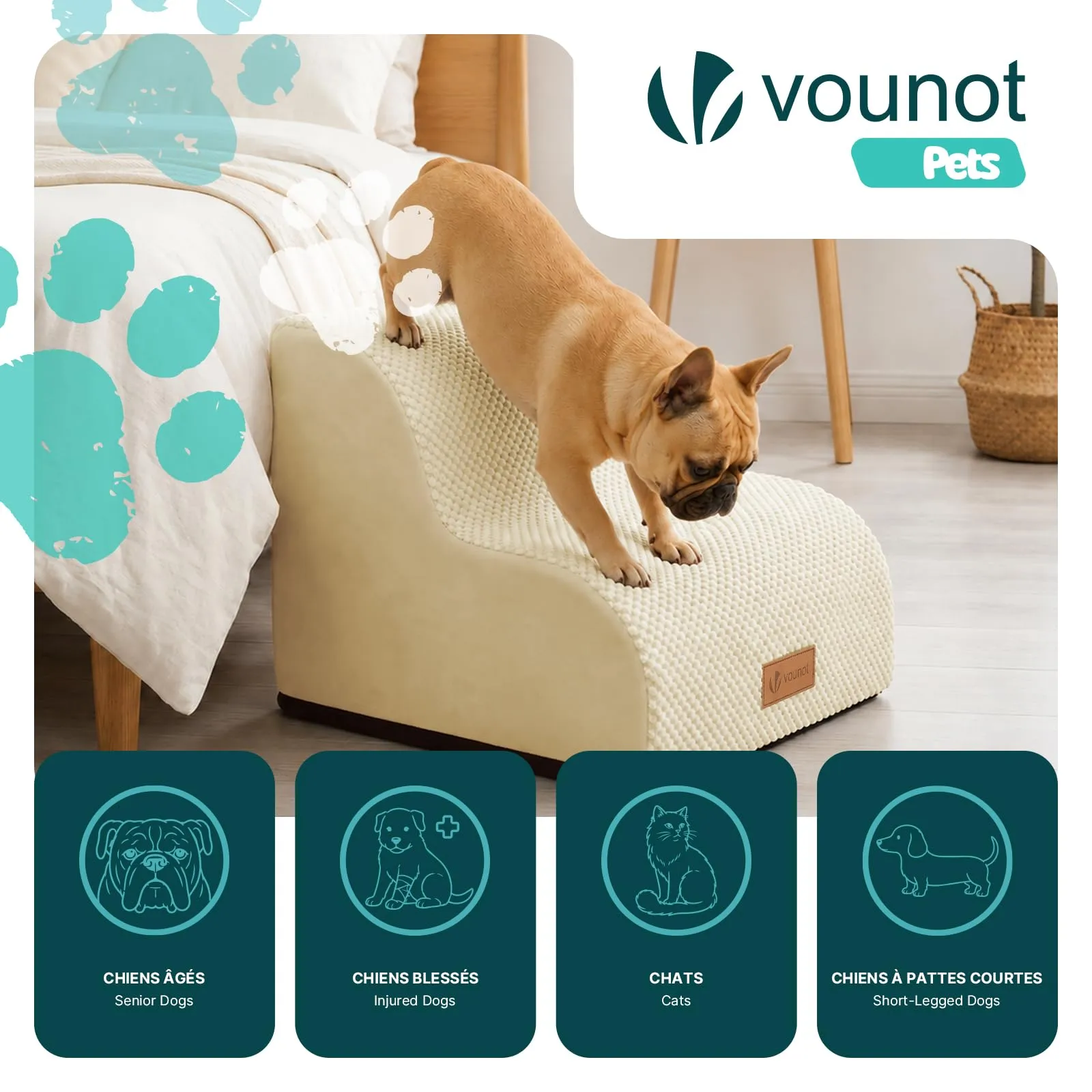 VOUNOT® Scaletta per Cani a 2 Gradini, Scala per Animali Antiscivolo in Schiuma ad Alta Densità con Maniglia, Sfoderabile e Lavabile, Accesso a Divano e Letto per Cani Piccoli o Anziani, Beige - immagine 2