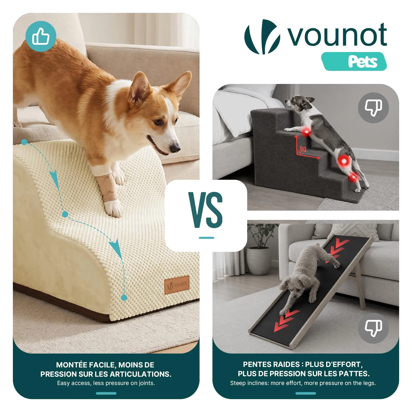 VOUNOT® Scaletta per Cani a 2 Gradini, Scala per Animali Antiscivolo in Schiuma ad Alta Densità con Maniglia, Sfoderabile e Lavabile, Accesso a Divano e Letto per Cani Piccoli o Anziani, Beige - immagine 6