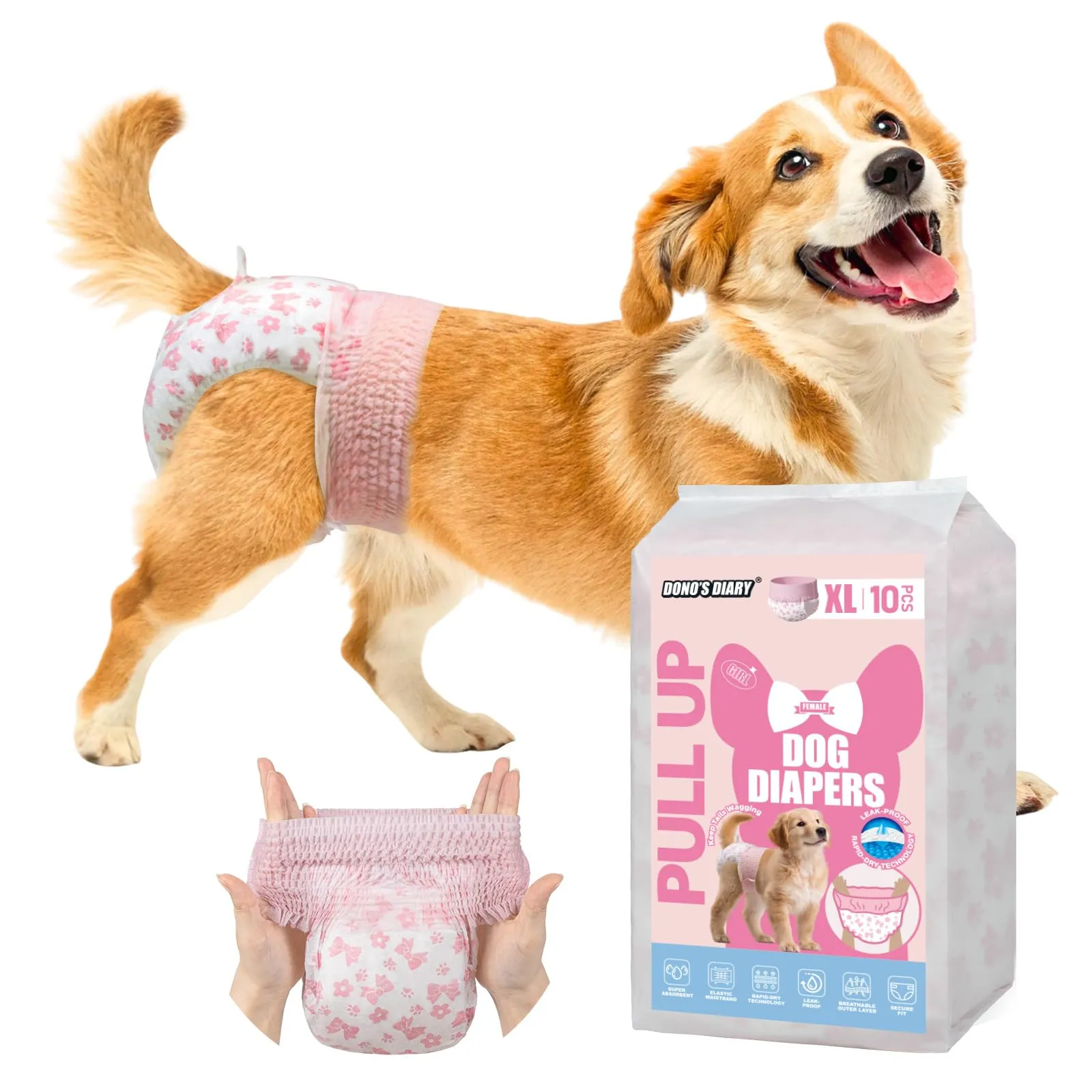 Dono - Pannolini usa e getta per cani femmina, pannolini elasticizzati a 360°, pannolini super assorbenti per cuccioli con tecnologia Rapid-Dry, design a tenuta ermetica per cani in calore - immagine 1