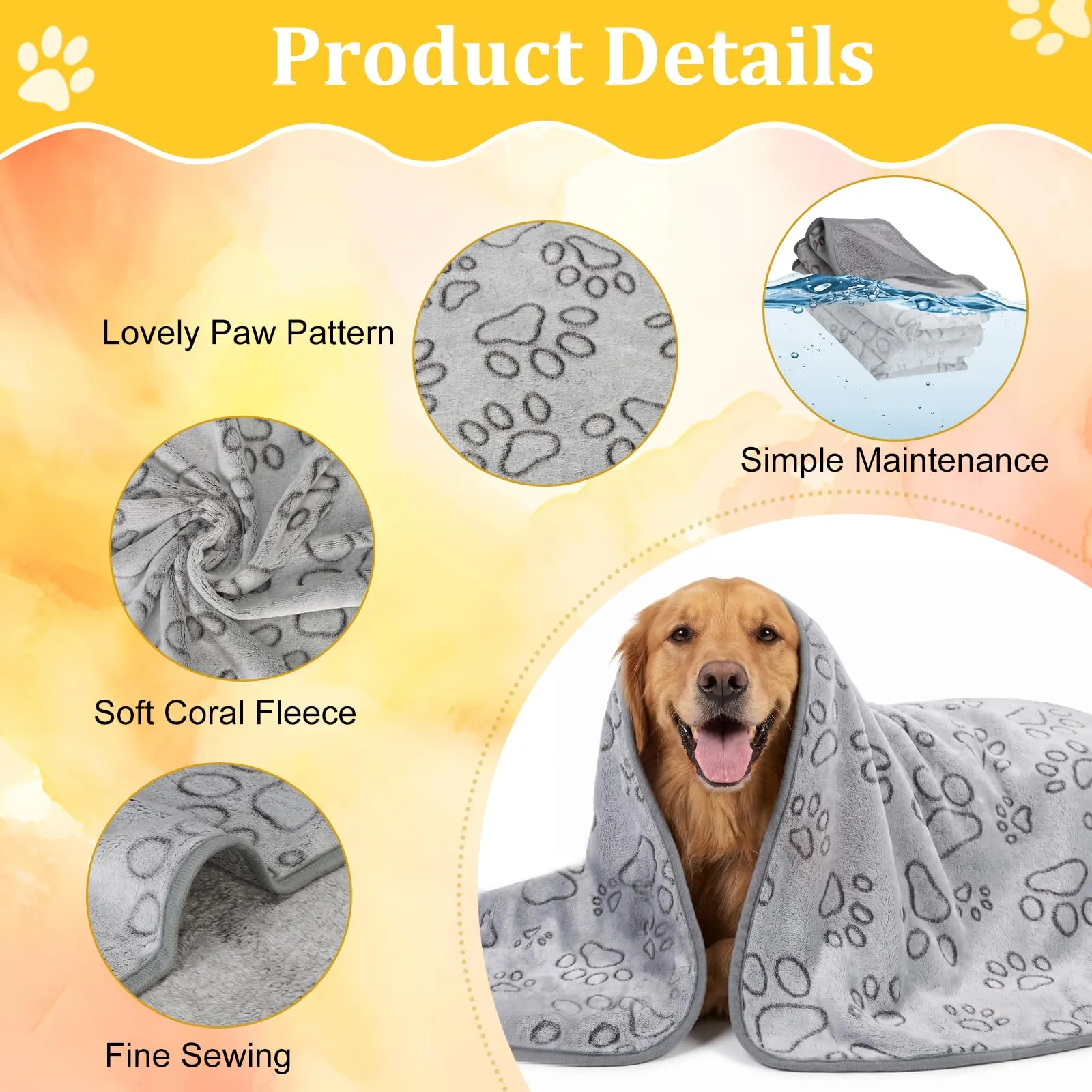 HOTUT 3 Pezzi Coperta per Cane Gatto Lavabile Soffice Durevole,52x76CM,Grigio,Graziosa Coperta Cane con Impronte di Zampe in Soffice Pile per CaniGatti,Conigli e Altri Animali Domestici - immagine 2