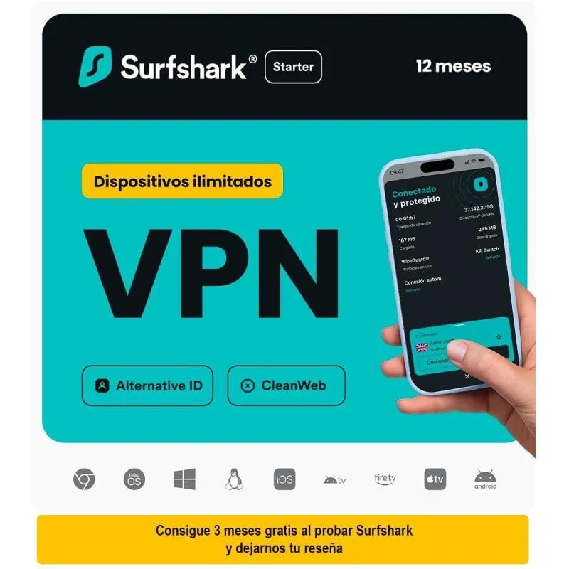 VPN Surfshark Starter, Dispositivi Illimitati, 12 Mesi, Codice Digitale - immagine 1