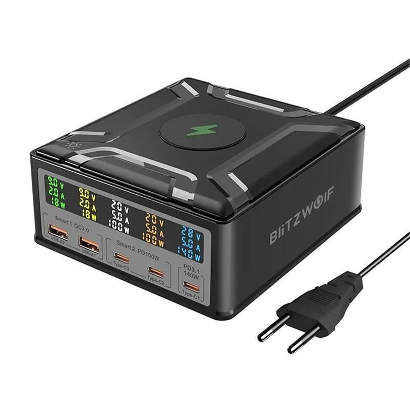 Caricatore BlitzWolf BW-S28 260W GaN 5 Porte USB-C e USB-A Ricarica Wireless 15W Nero - immagine 1