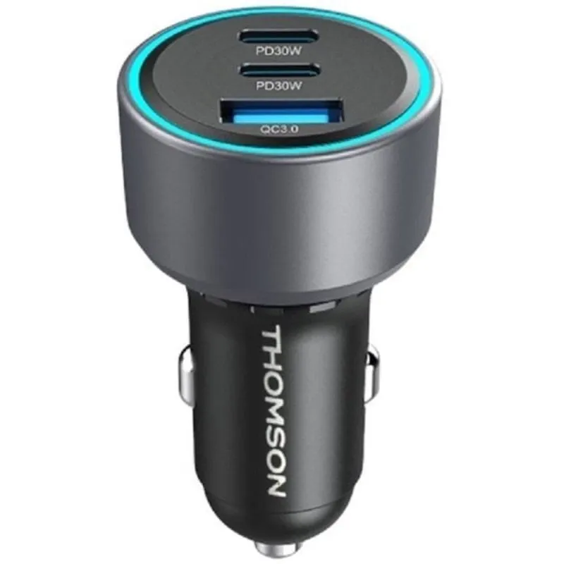 Caricatore auto Thomson 60W GaN 2x USB-C PD 30W 1x USB-A QC 3.0 Nero - immagine 1