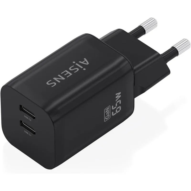 Caricatore GaN AISENS 65W 2xUSB-C PD3.0 QC4.0 Nero - immagine 1
