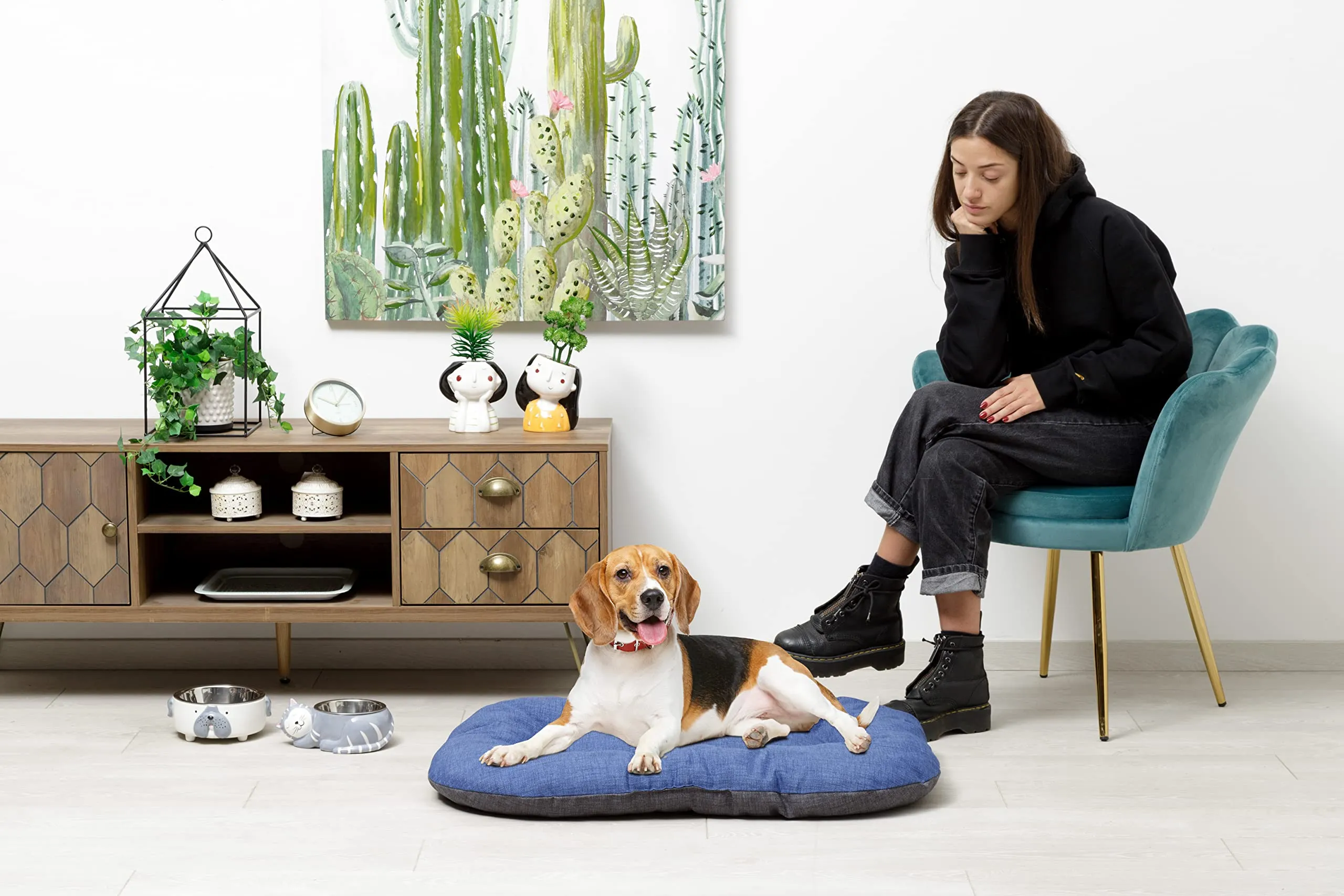 Baroni Home Cuscino Ovale per Cani e Gatti Tessuto Taglia, Imbottito con Morbido Foam, Utilizzabile su Entrambi i Lati (57x90x8 cm, Grigio e Blu) - immagine 2